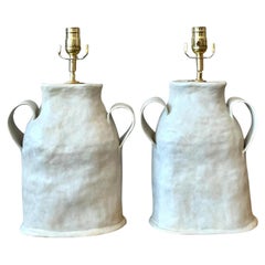Vintage Boho Slab Built Studio Pottery Lamps - A Pair