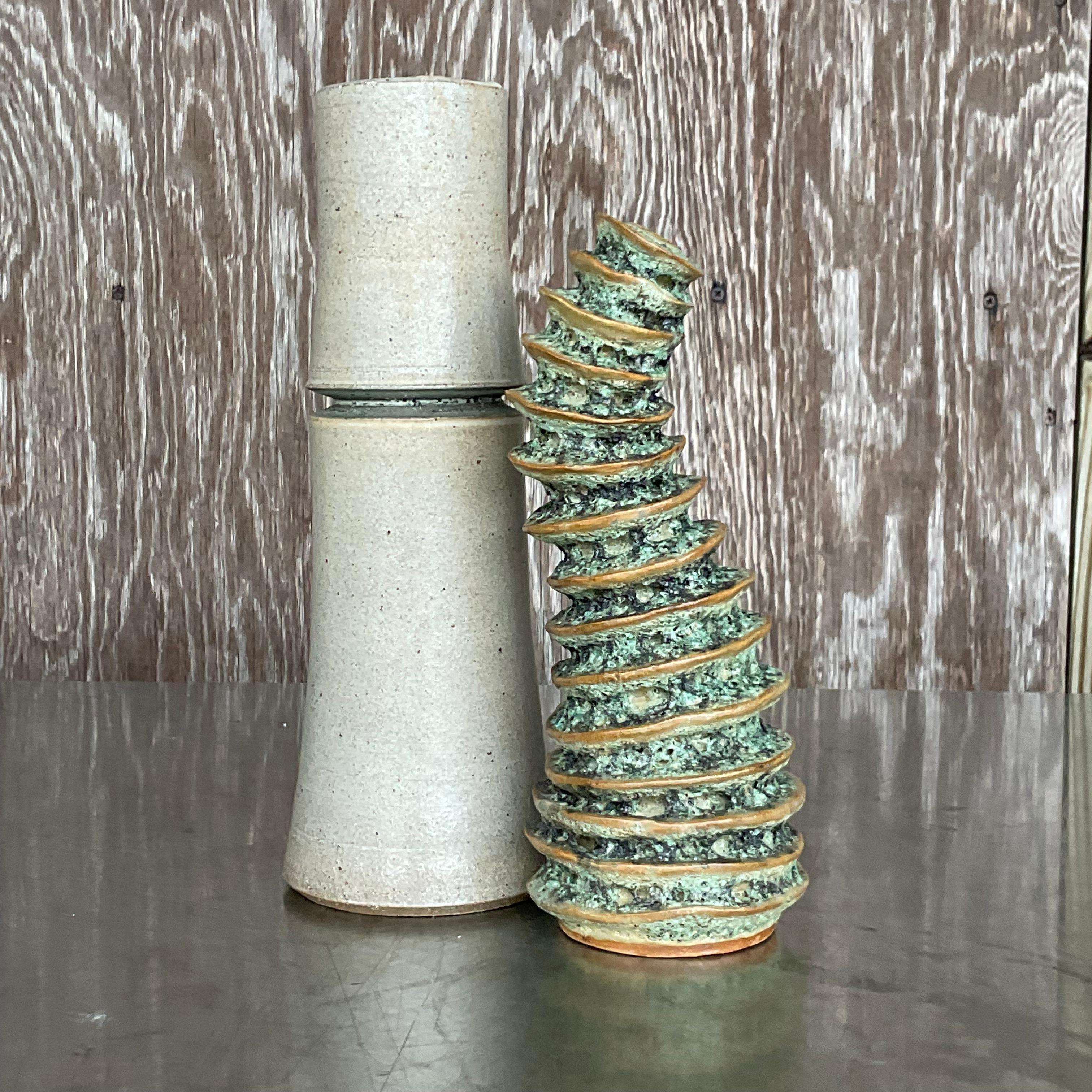 American Vintage Boho Slab Built Studio Pottery Vase For Sale