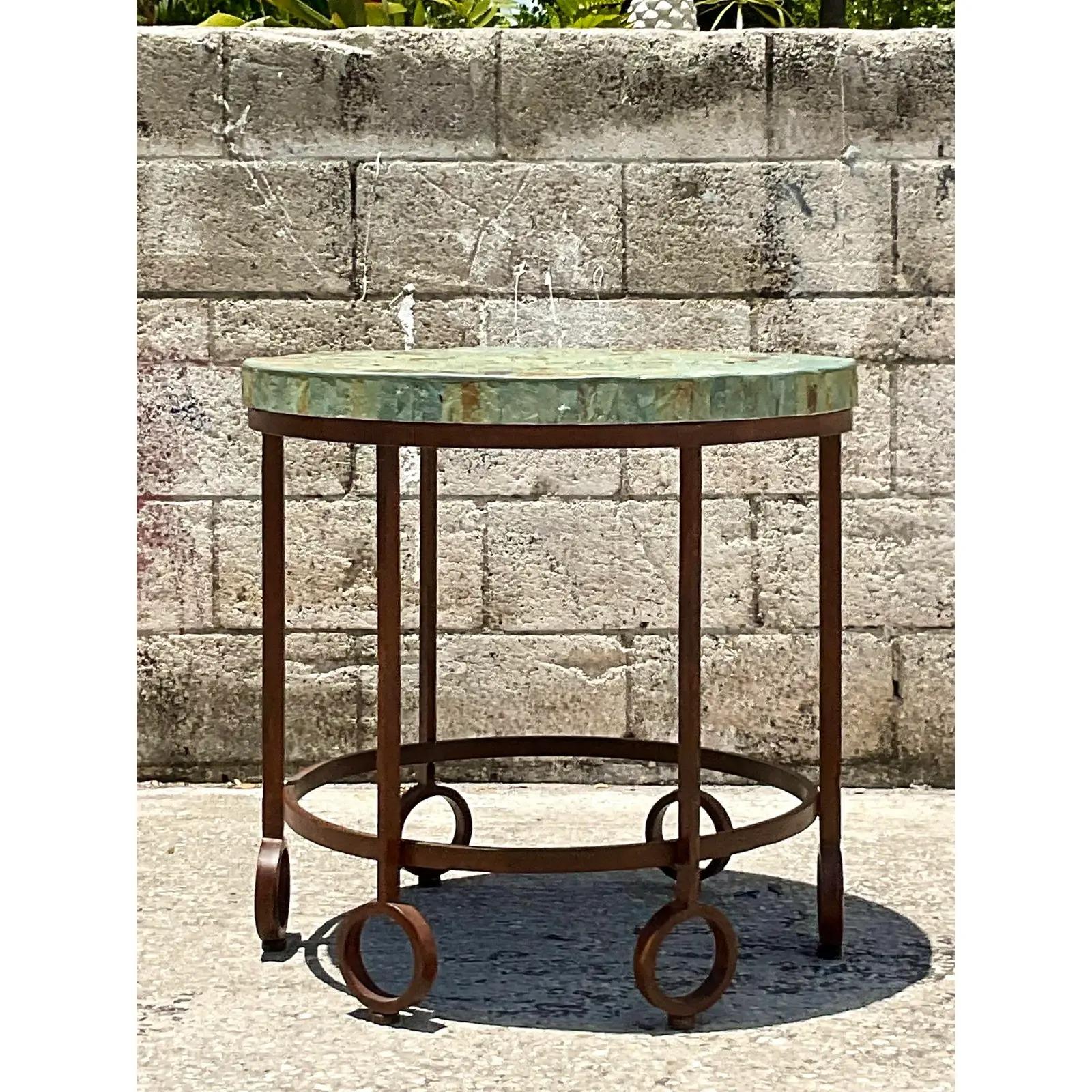 Vintage Boho Slate Top Side Table In Good Condition In west palm beach, FL