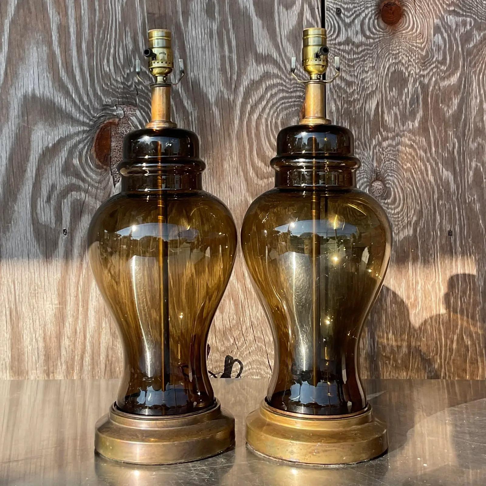North American Vintage Boho Smoked Glass Ginger Jar Lamps - a Pair For Sale