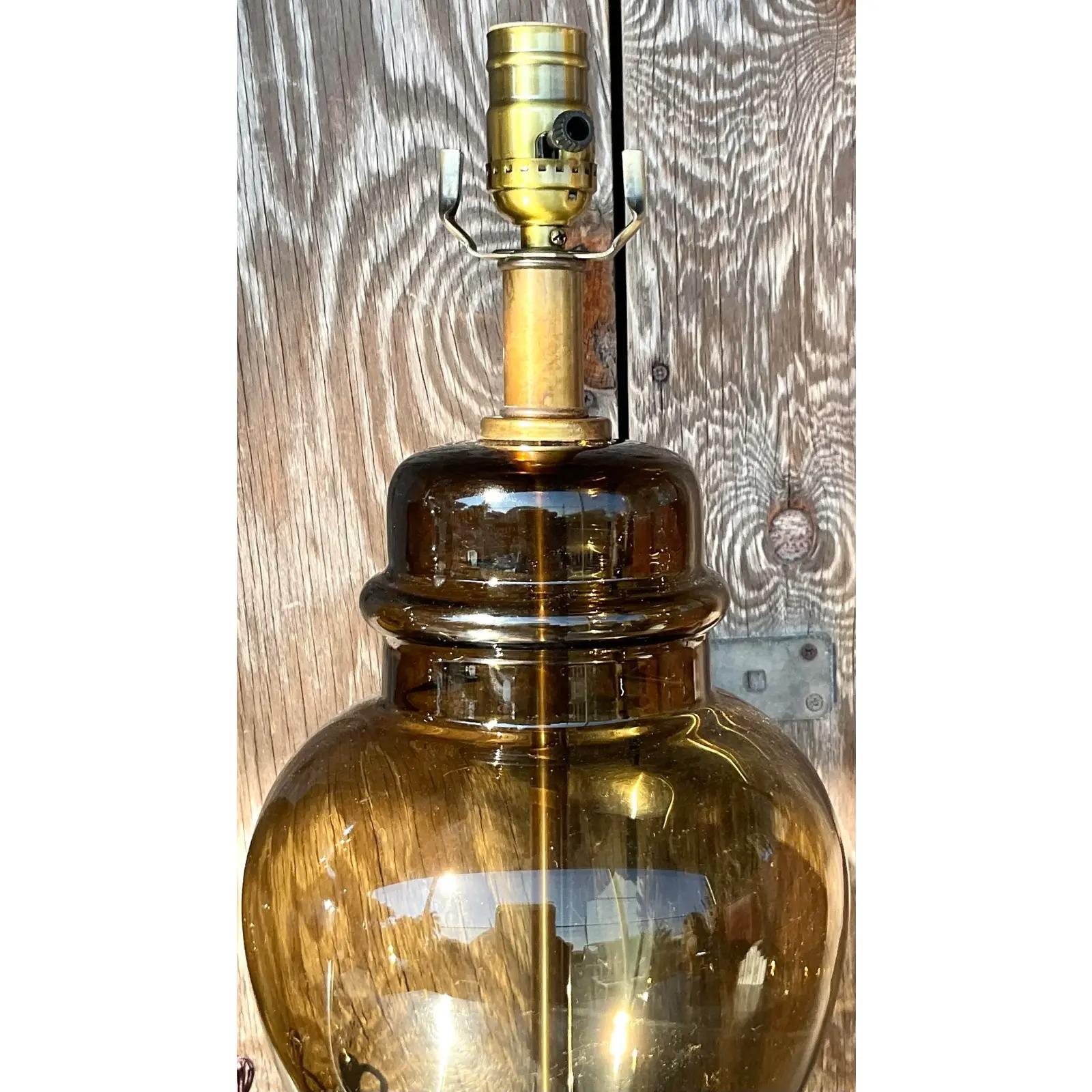 Vintage Boho Smoked Glass Ginger Jar Lamps - a Pair In Good Condition For Sale In west palm beach, FL