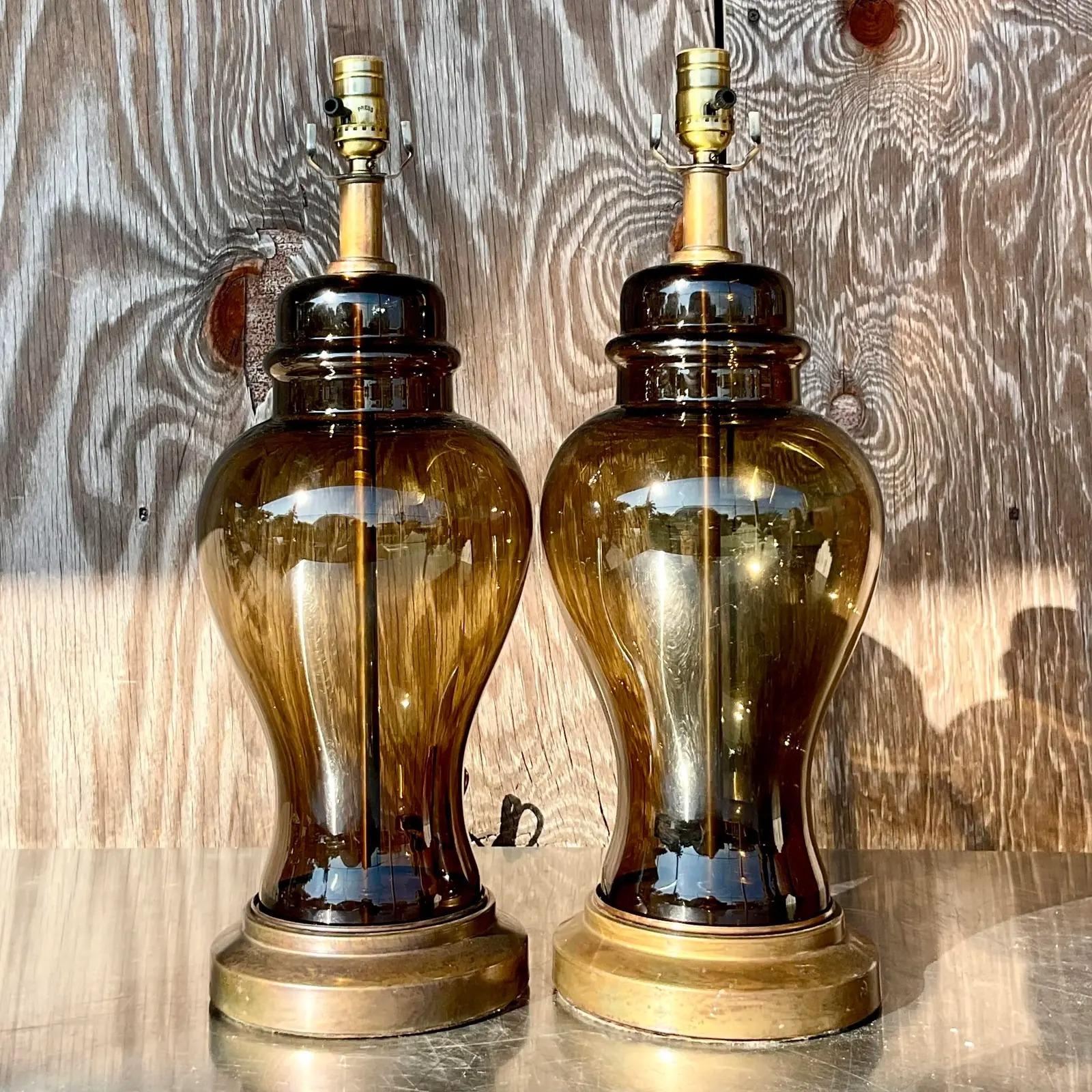 Late 20th Century Vintage Boho Smoked Glass Ginger Jar Lamps - a Pair For Sale