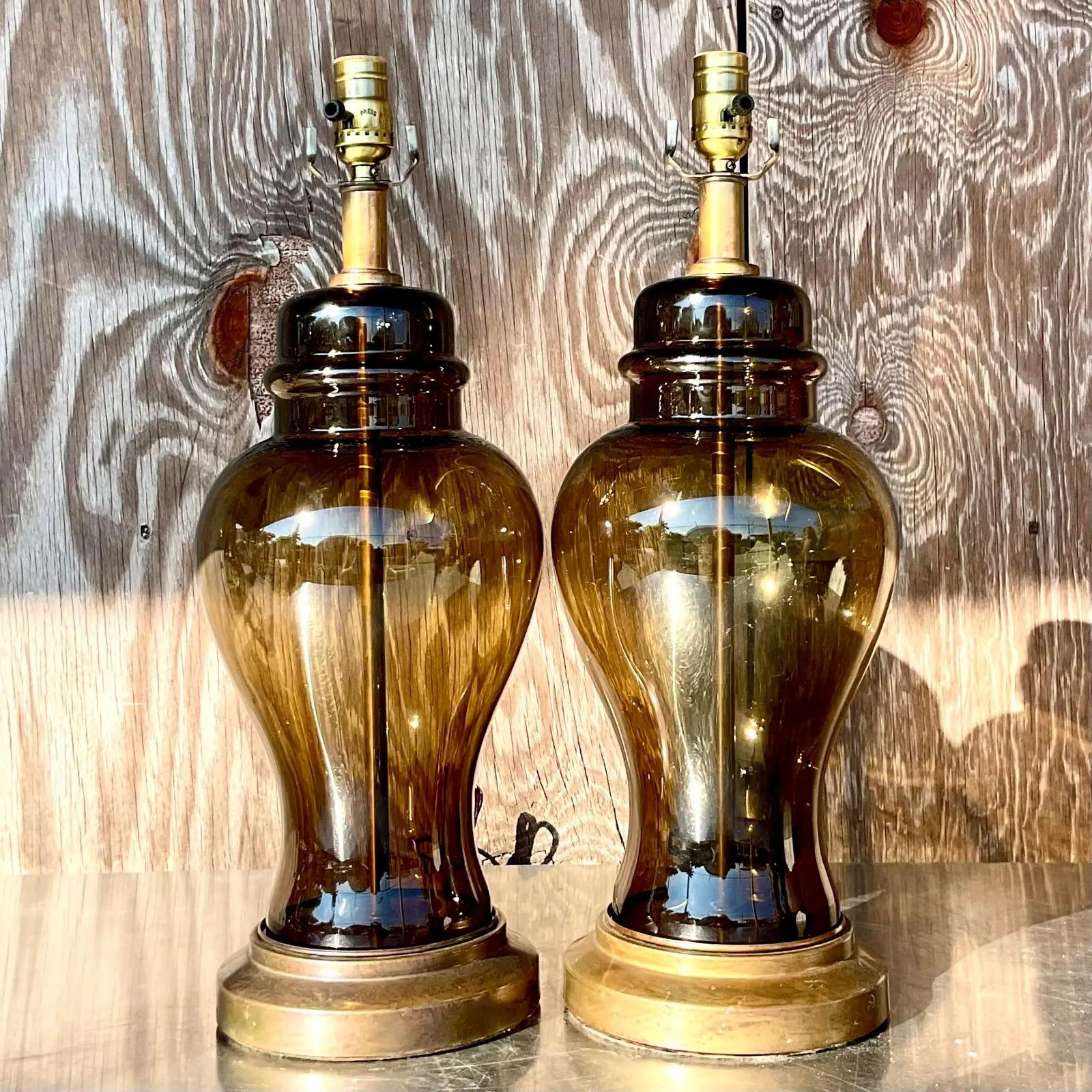 Brass Vintage Boho Smoked Glass Ginger Jar Lamps - a Pair For Sale