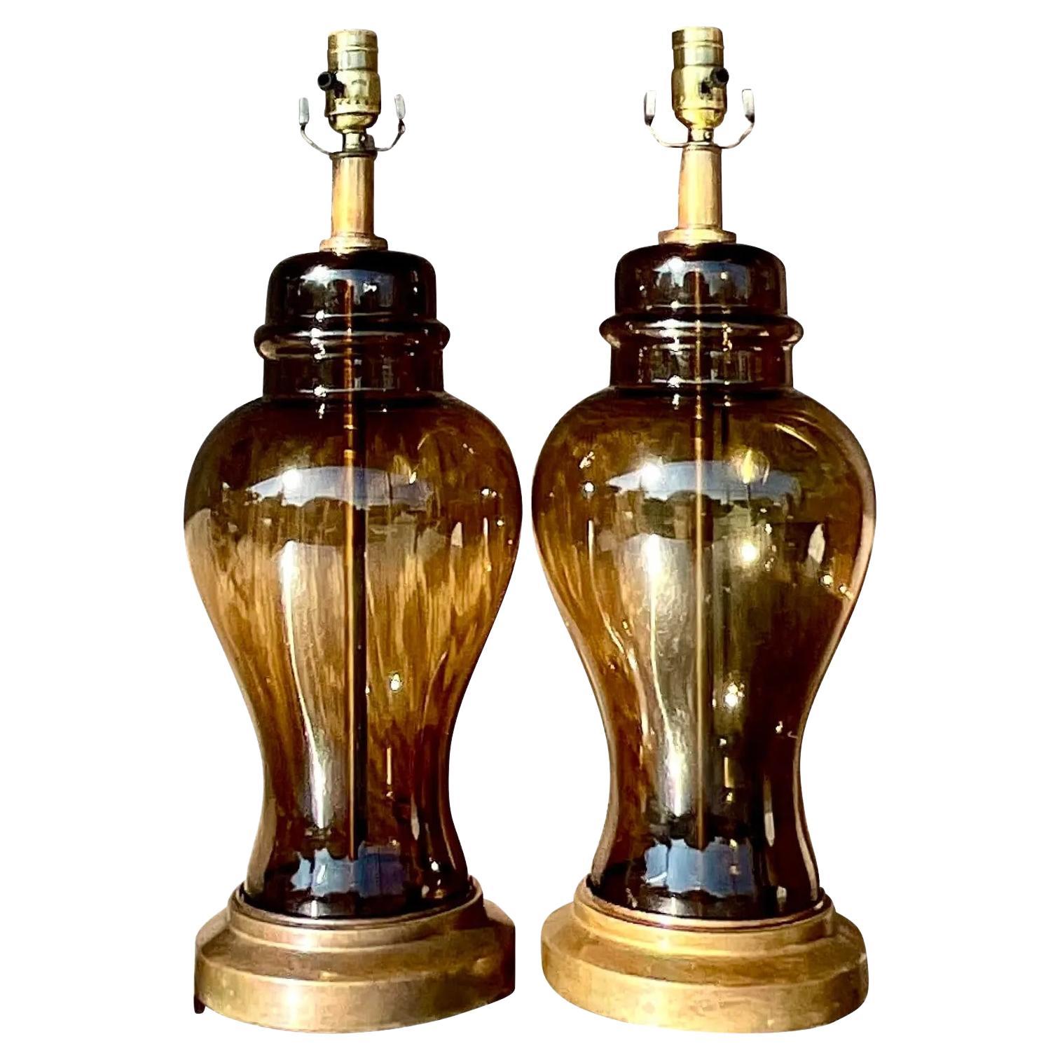 Vintage Boho Smoked Glass Ginger Jar Lamps - a Pair For Sale