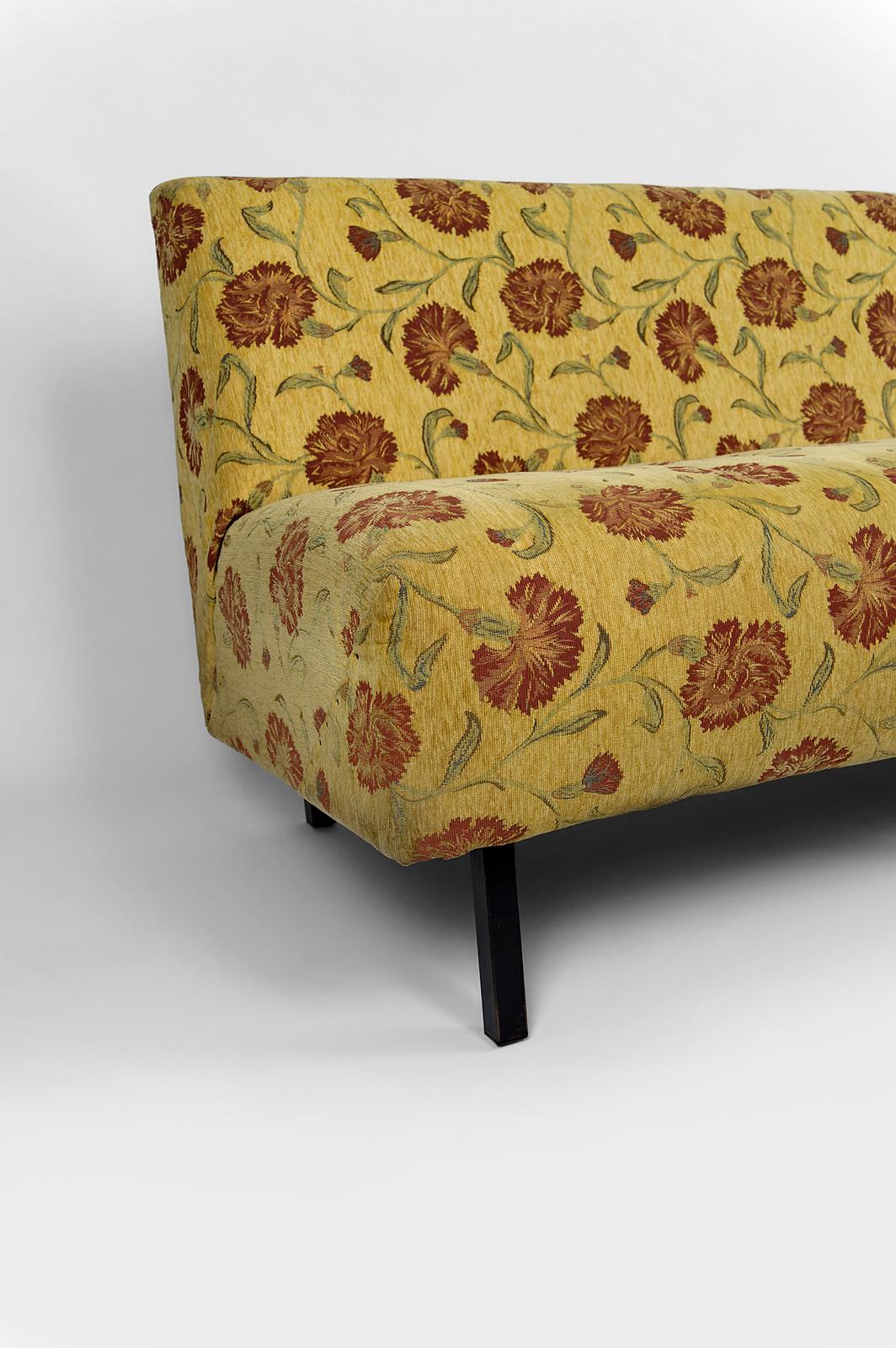 French Vintage Boho sofa with yellow and red floral fabric, France, Circa 1960 For Sale