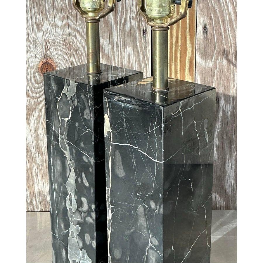 Minimaliste Paire de lampes vintage Boho en marbre noir massif en vente