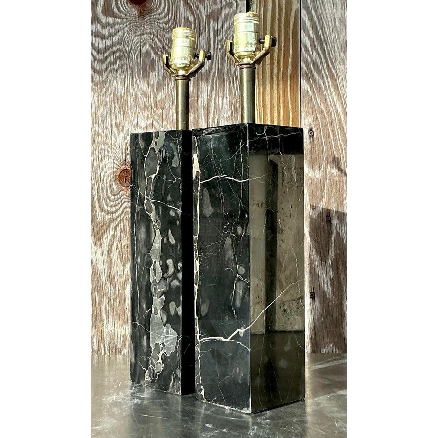 Paire de lampes vintage Boho en marbre noir massif en vente 1