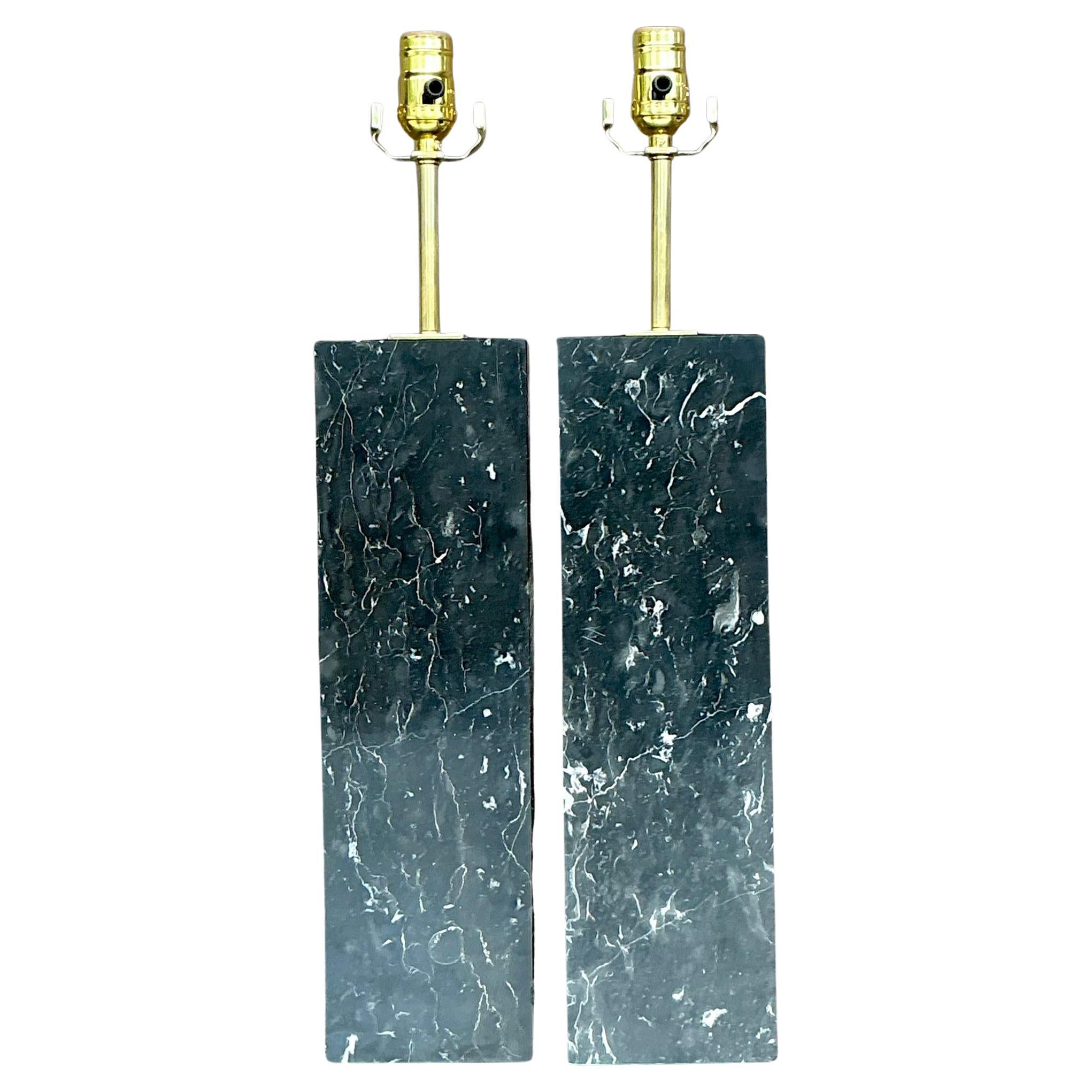 Vintage Boho Solid Black Marble Lamps - a Pair