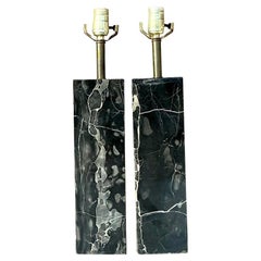Vintage Boho Solid Black Marble Lamps - a Pair