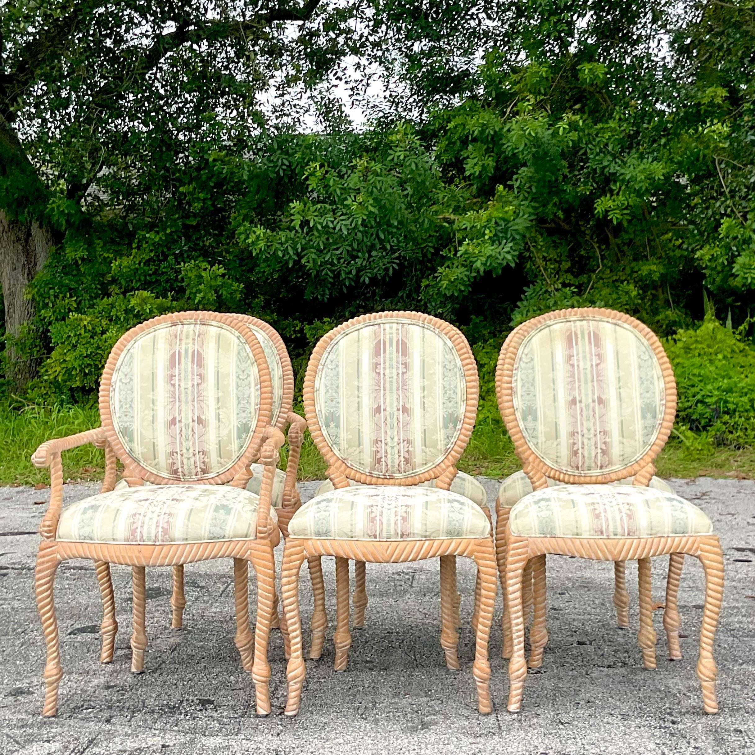 Bohemian Vintage Boho Spanish Carved Rope Dining Chairs - Set of 6