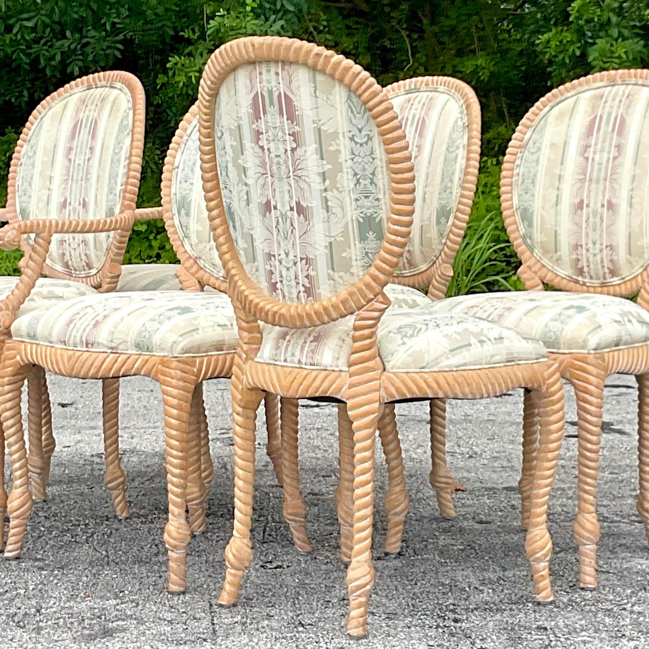 Vintage Boho Spanish Carved Rope Dining Chairs - Set of 6 In Good Condition In west palm beach, FL