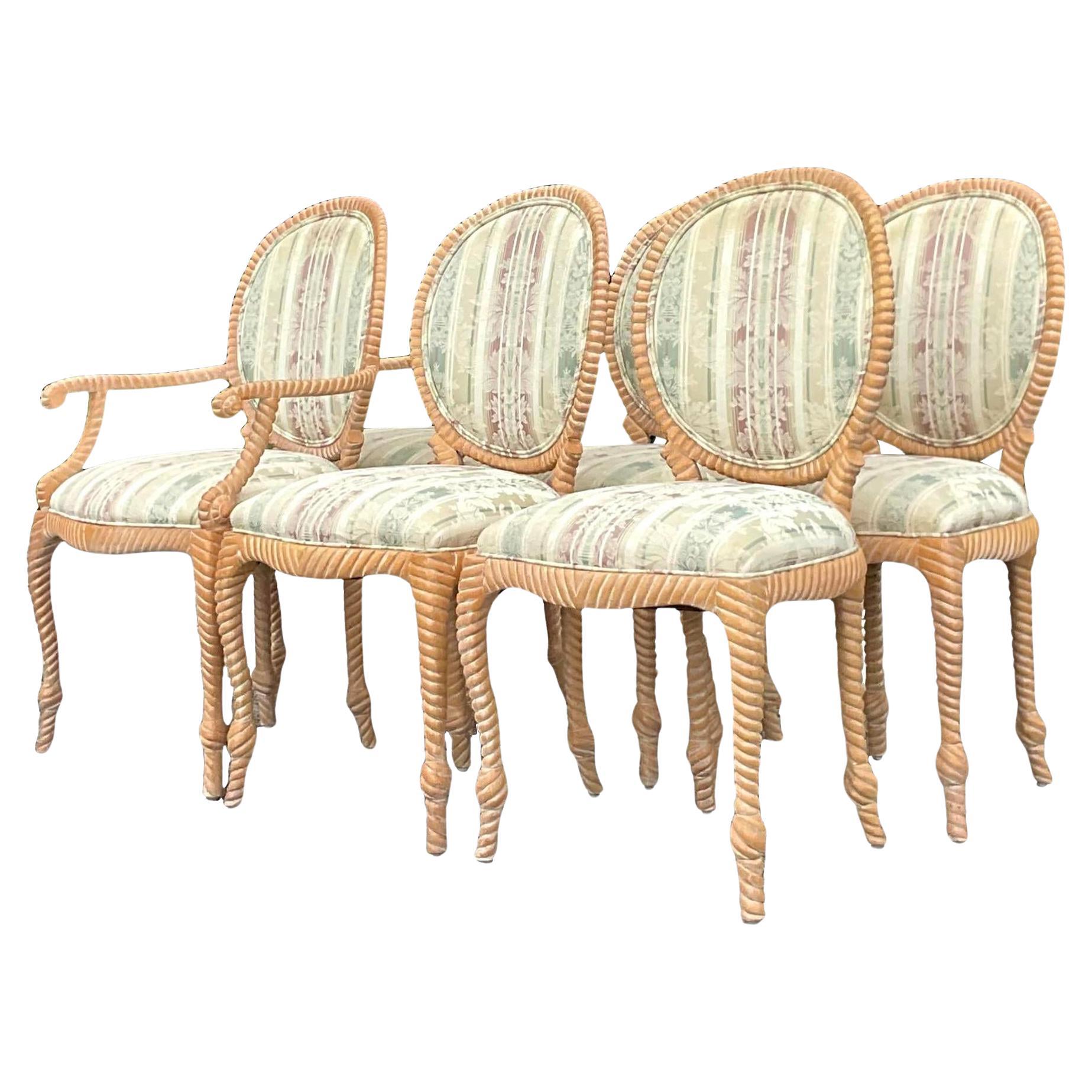 Vintage Boho Spanish Carved Rope Dining Chairs - Set of 6