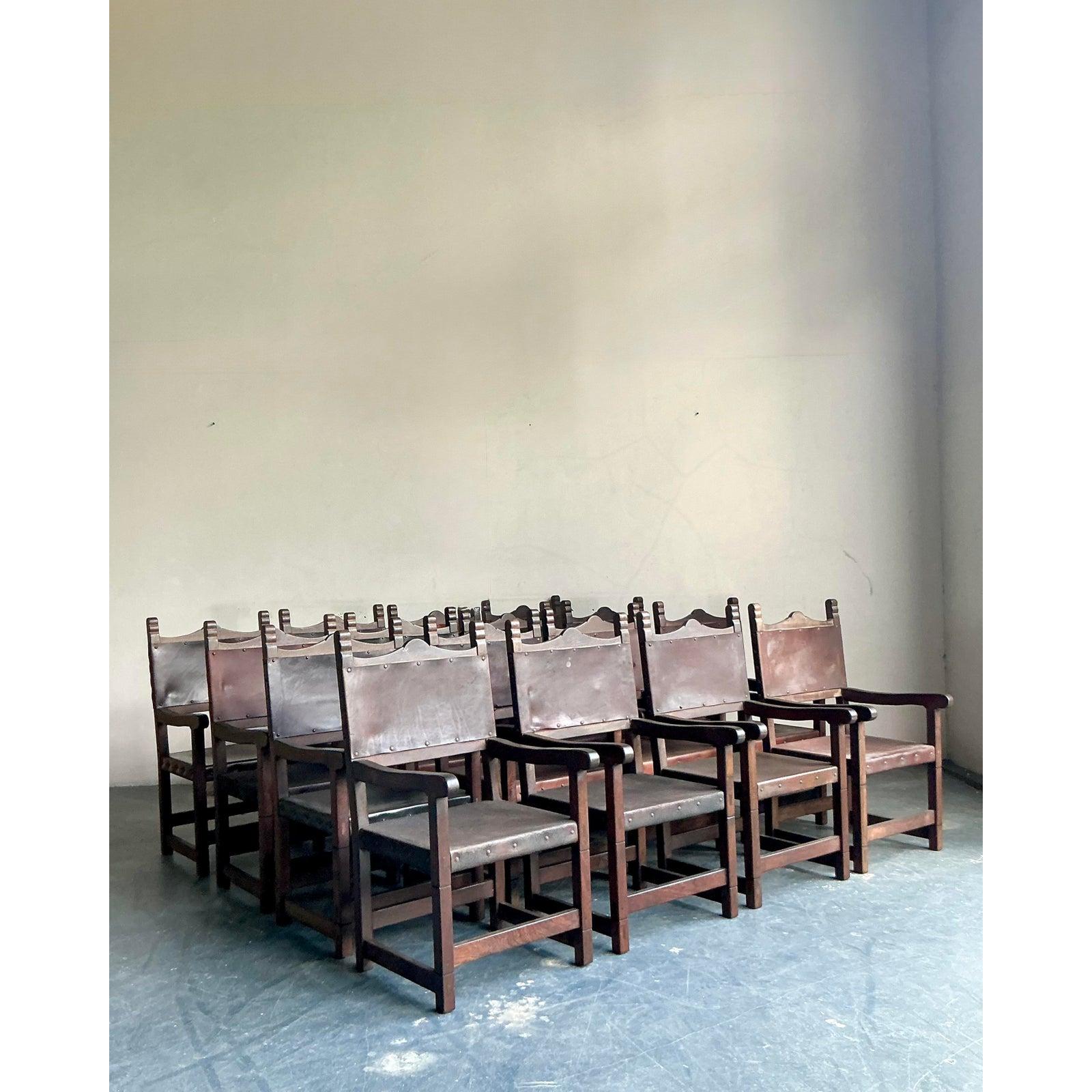 Vintage Boho Spanish Hand Crafted Leather Dining Chairs - Set of 16 For Sale 4
