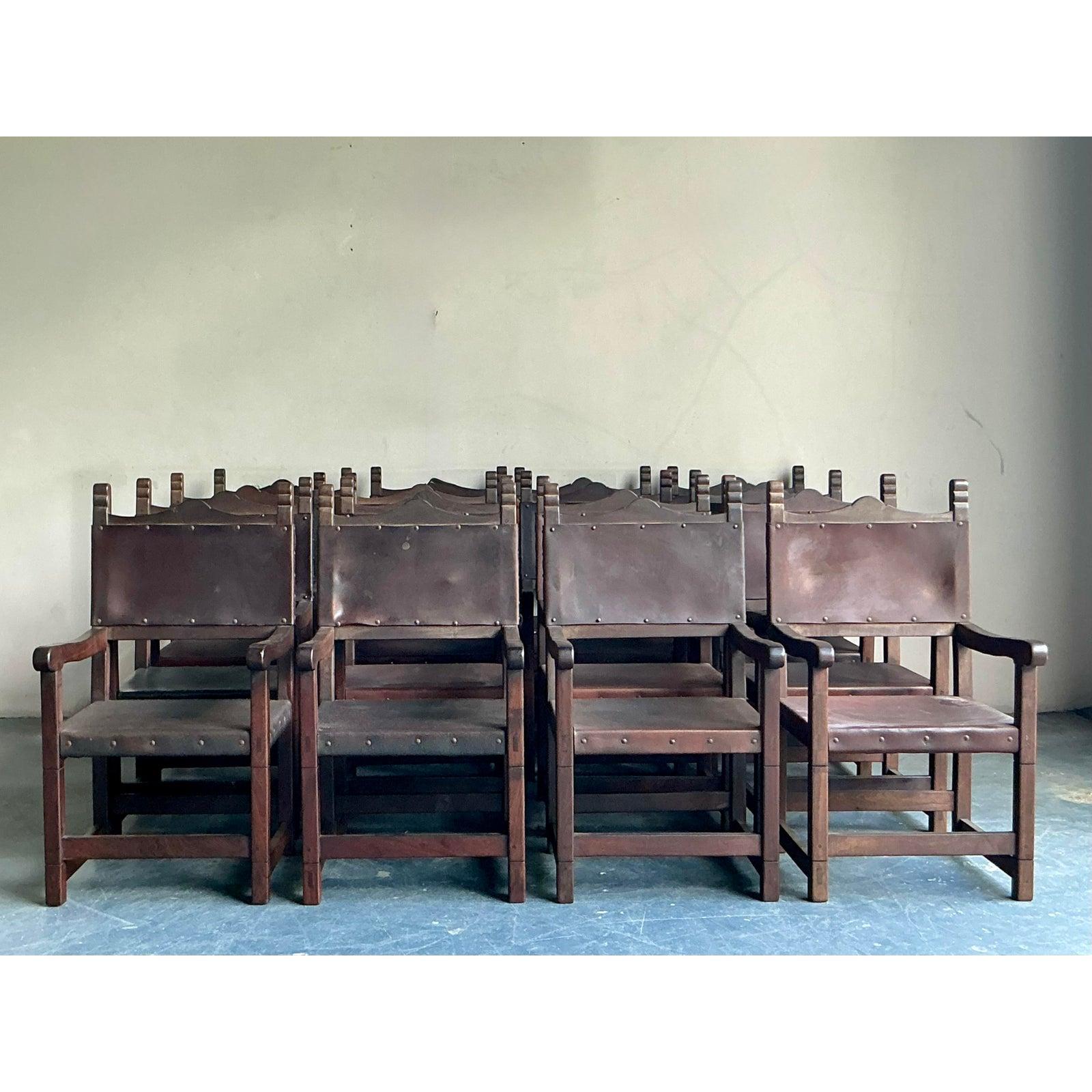 Vintage Boho Spanish Hand Crafted Leather Dining Chairs - Set of 16 For Sale 5