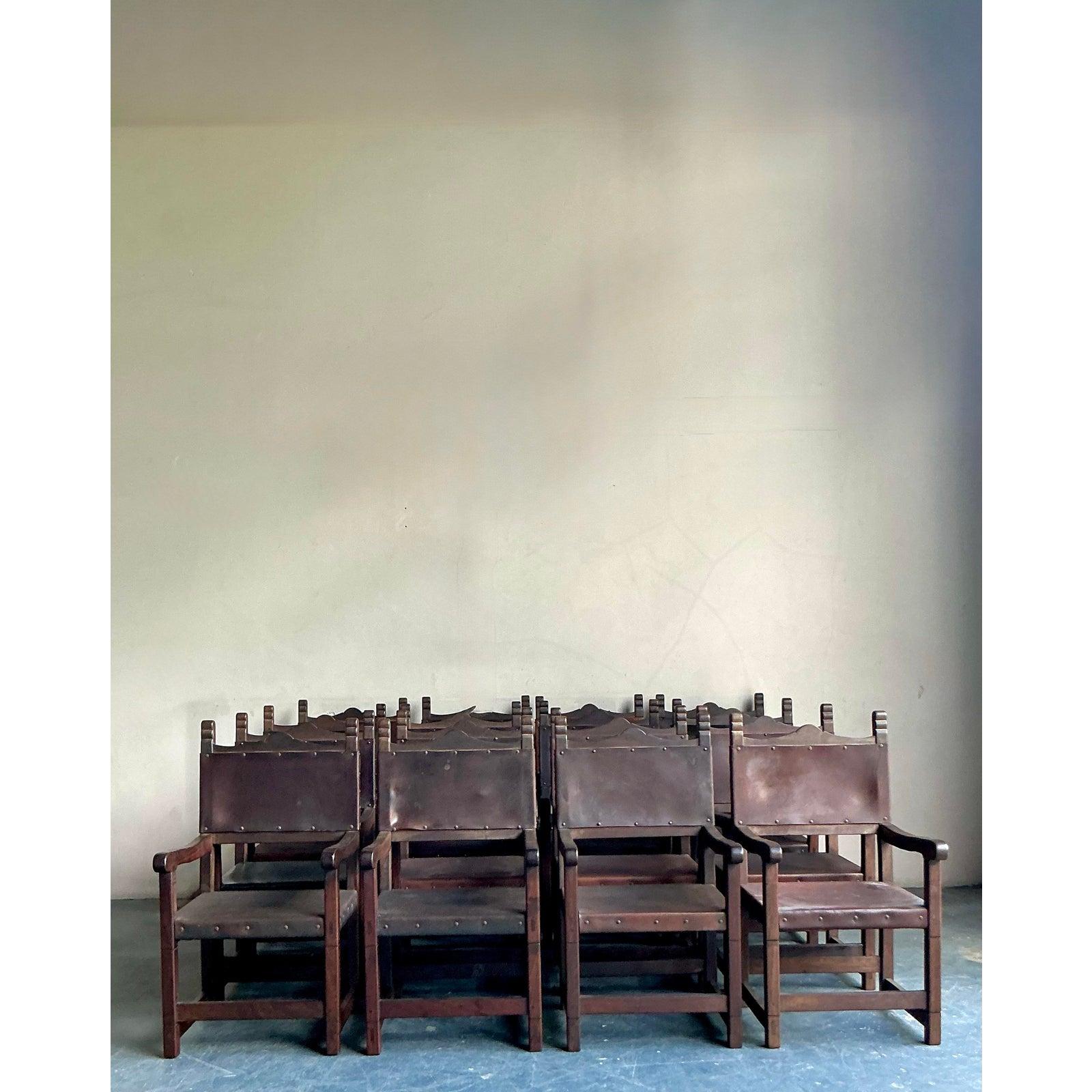 Gothic Revival Vintage Boho Spanish Hand Crafted Leather Dining Chairs - Set of 16 For Sale