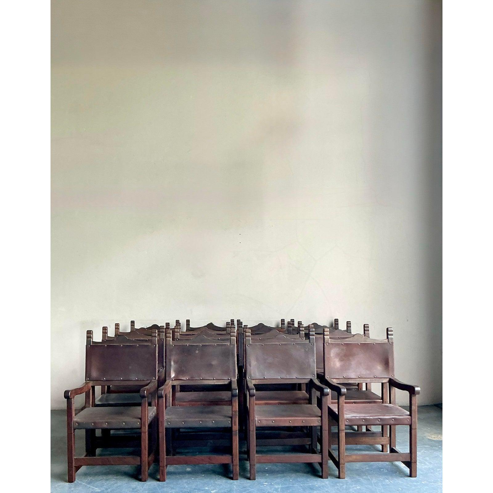 Vintage Boho Spanish Hand Crafted Leather Dining Chairs - Set of 16 In Good Condition For Sale In West Palm Beach, FL