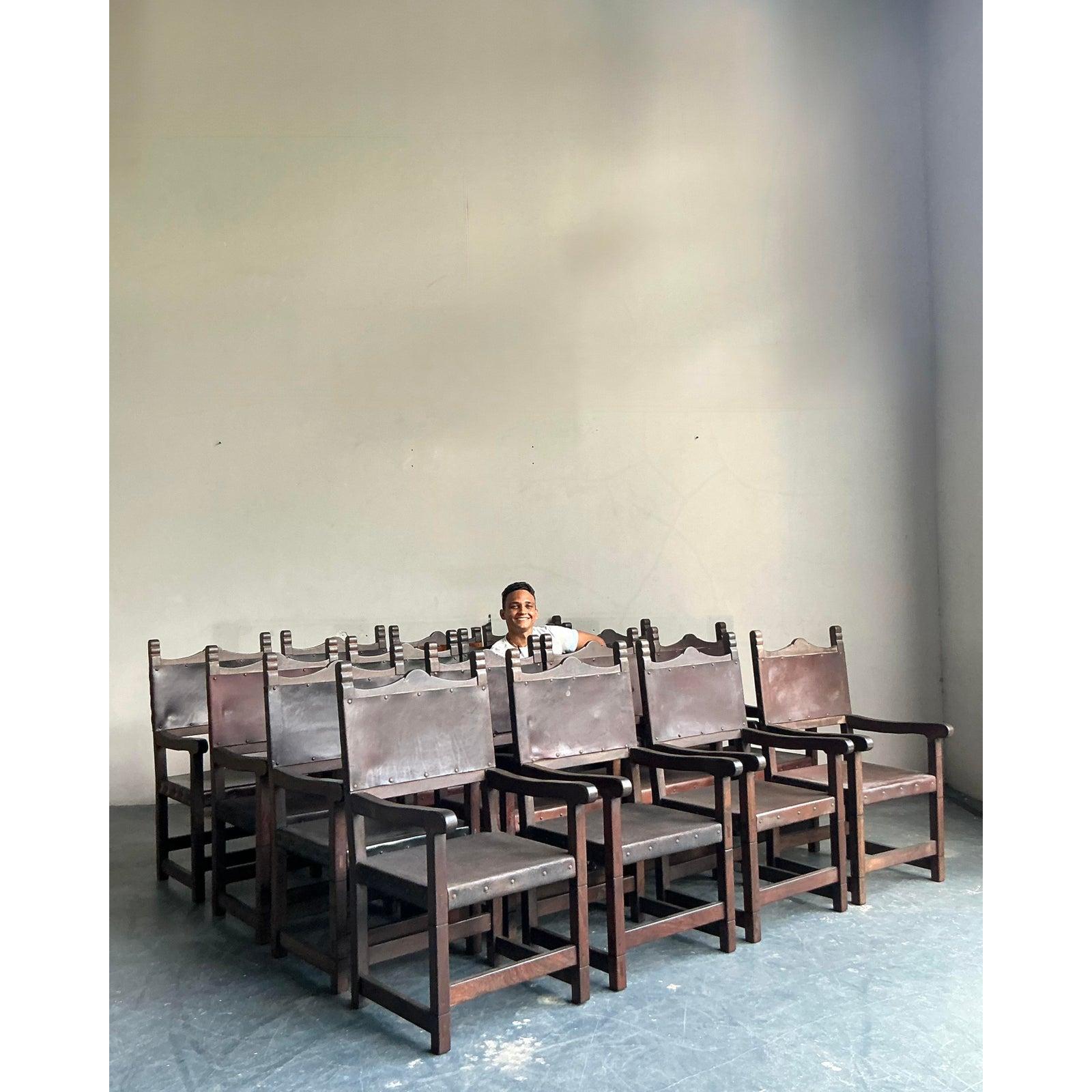 Vintage Boho Spanish Hand Crafted Leather Dining Chairs - Set of 16 For Sale 1