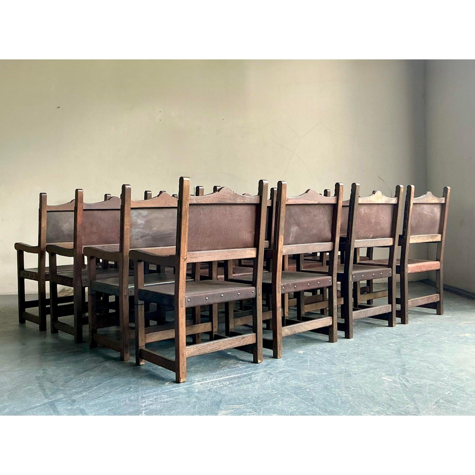 Vintage Boho Spanish Hand Crafted Leather Dining Chairs - Set of 16 For Sale 2