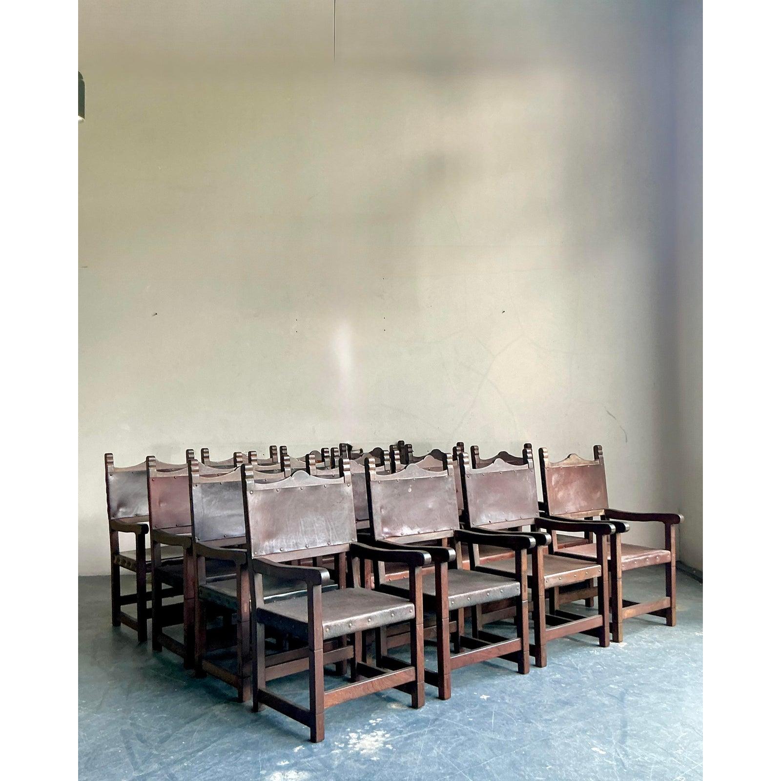 Vintage Boho Spanish Hand Crafted Leather Dining Chairs - Set of 16 For Sale 3
