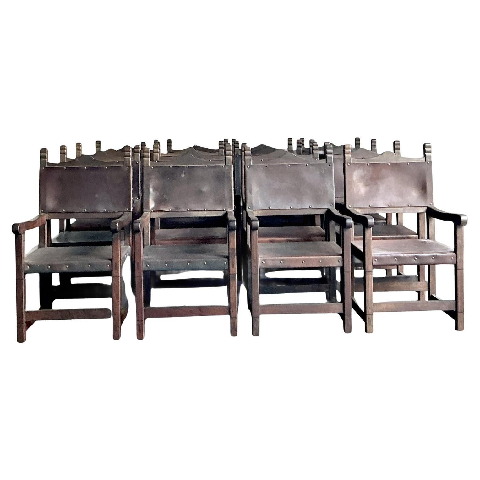 Vintage Boho Spanish Hand Crafted Leather Dining Chairs - Set of 16 For Sale