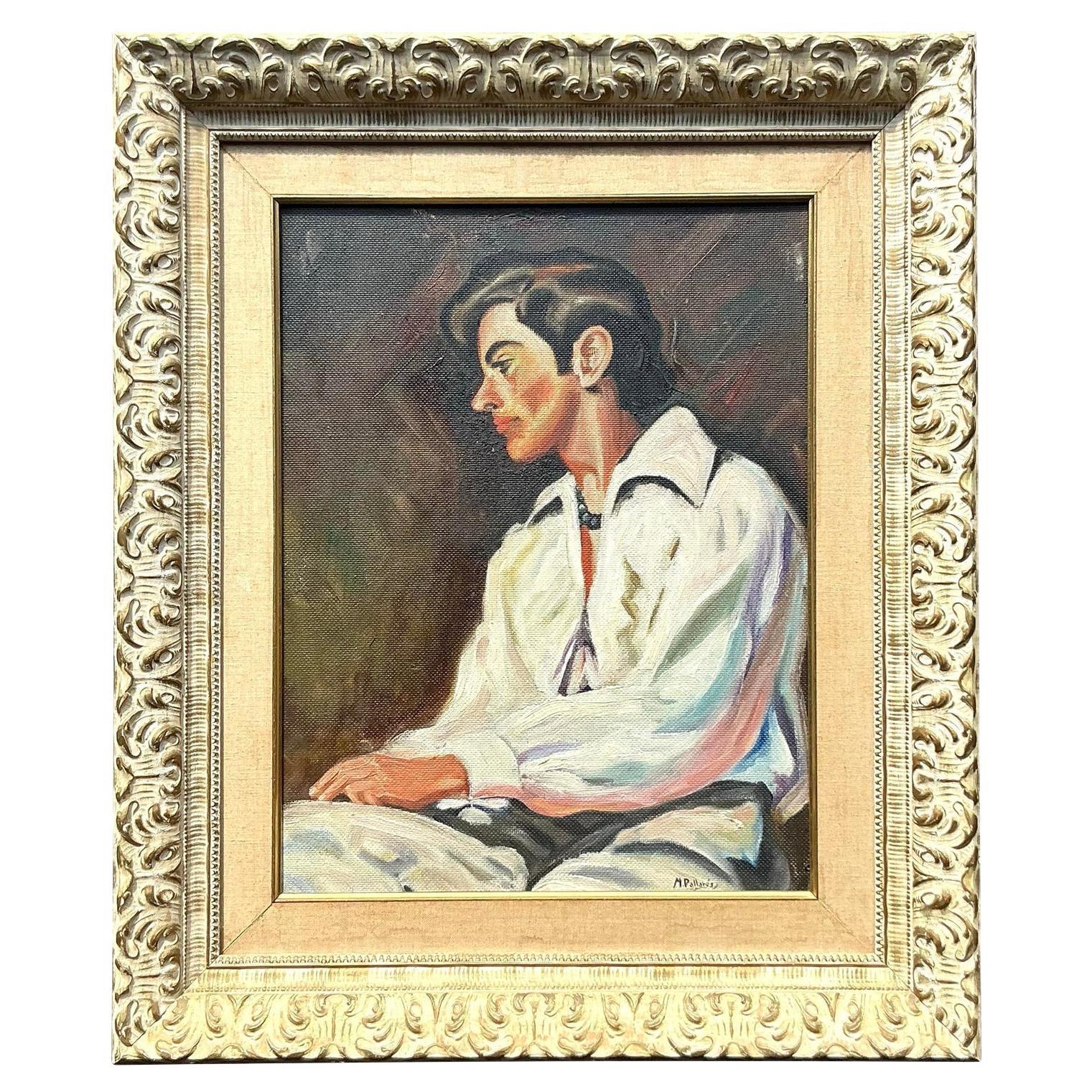 Vintage Boho Spanish Original Oil Portrait of Man