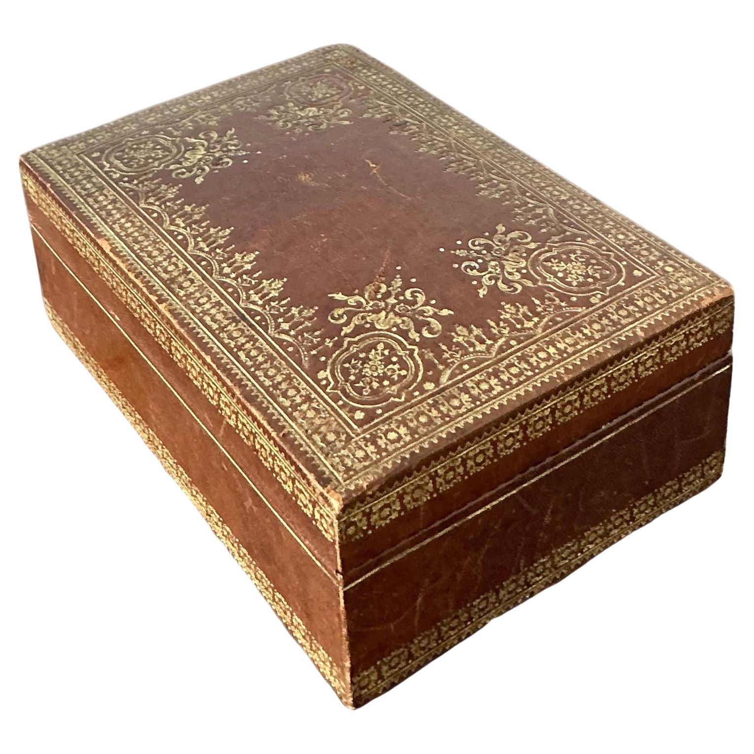 Vintage Boho Spaulding And Co. Blattvergoldete Lederbox