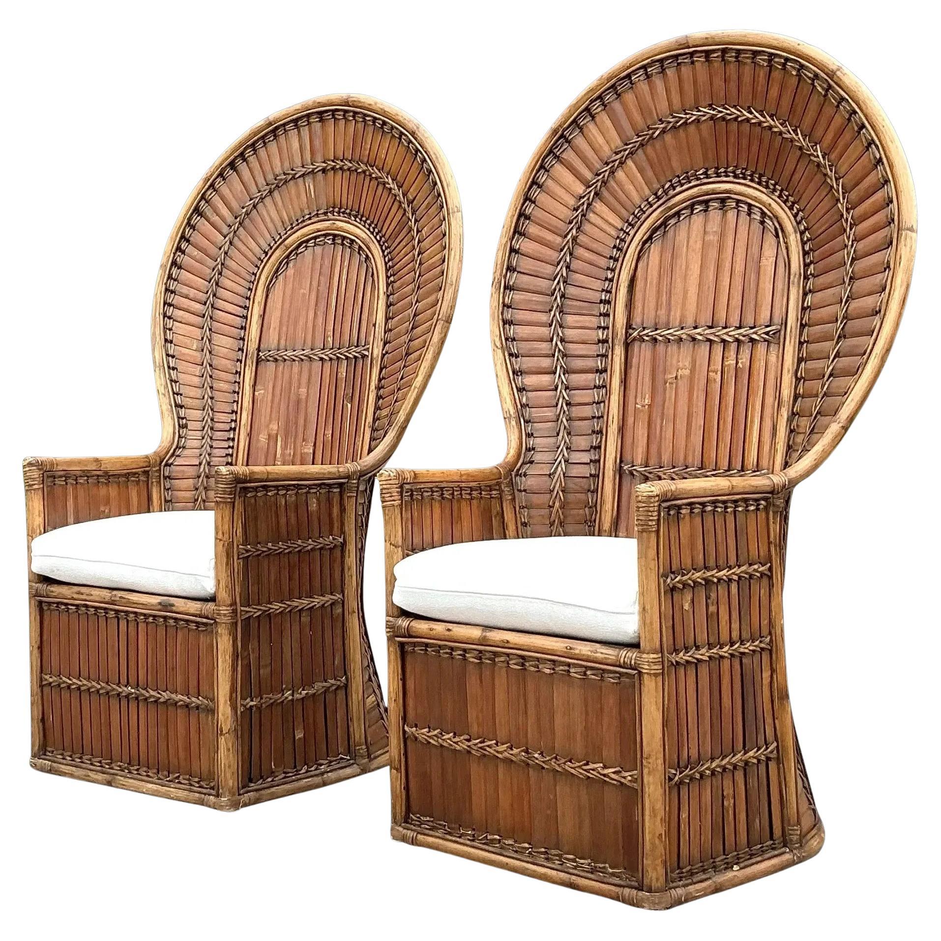 Vintage Boho Split Rattan Fan Back Chairs - a Pair