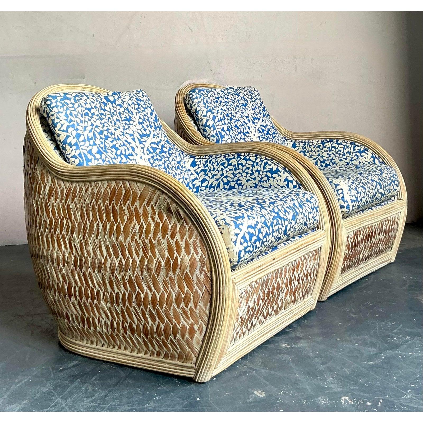 Sillas de salón vintage boho de ratán partido en cuadrille 