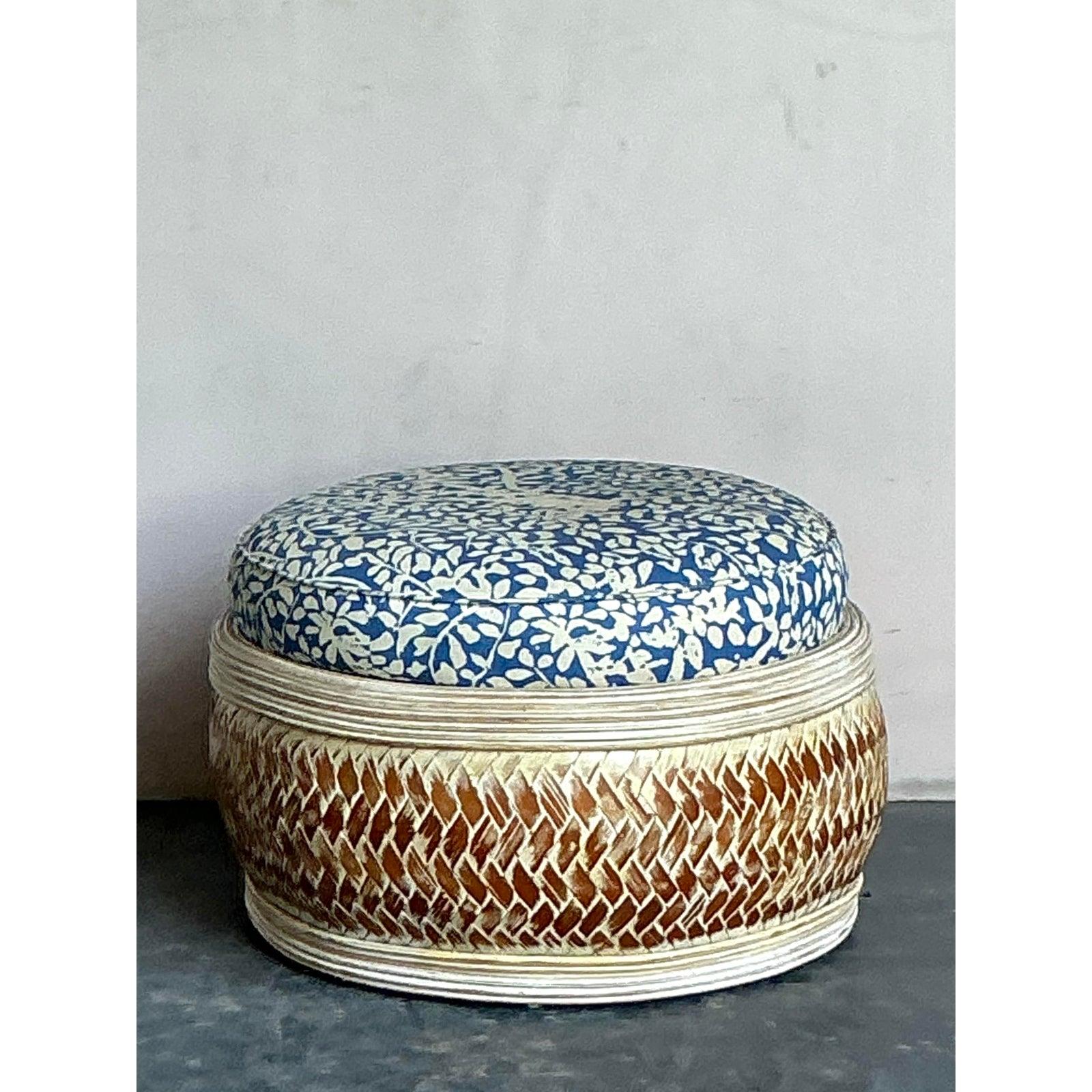 Otomana Boho Vintage de Ratán Dividido en Cuadrille 