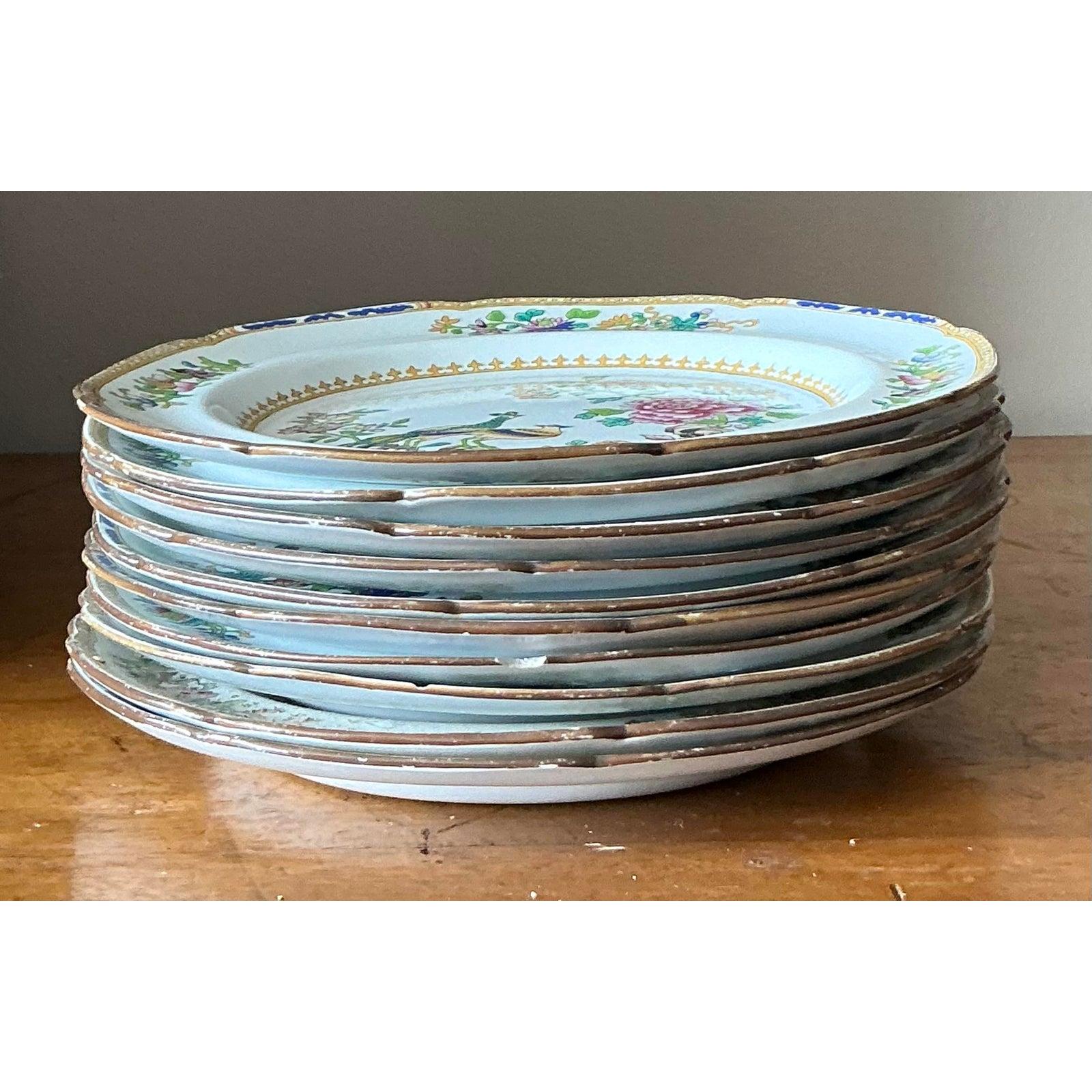 Chinoiserie Vintage Boho Spode “Peacock” Dinner Plates - Set of 10 For Sale