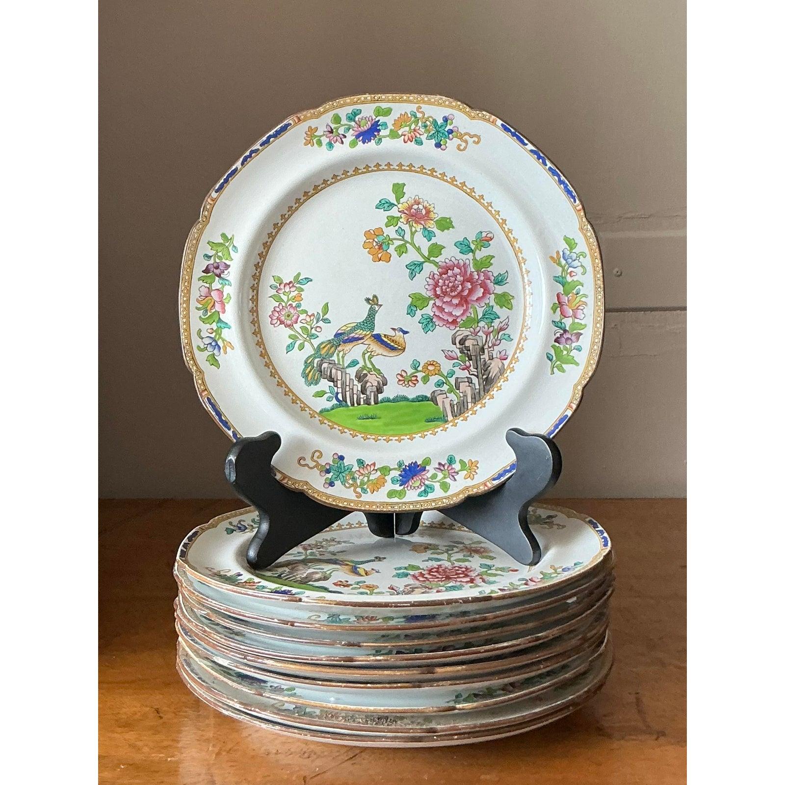 British Vintage Boho Spode “Peacock” Dinner Plates - Set of 10 For Sale