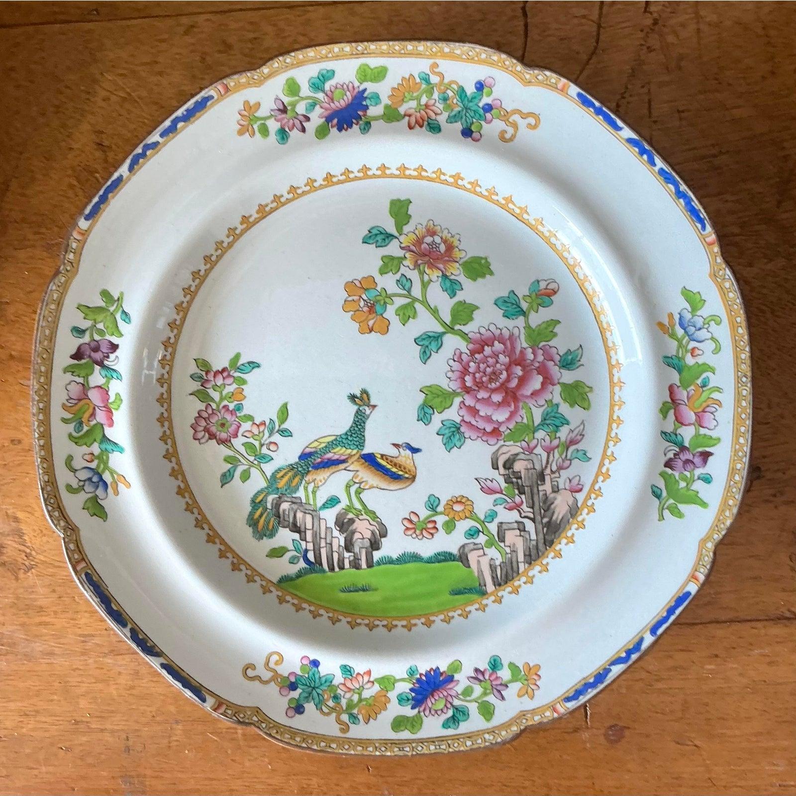 Vintage Boho Spode “Peacock” Dinner Plates - Set of 10 In Good Condition For Sale In West Palm Beach, FL