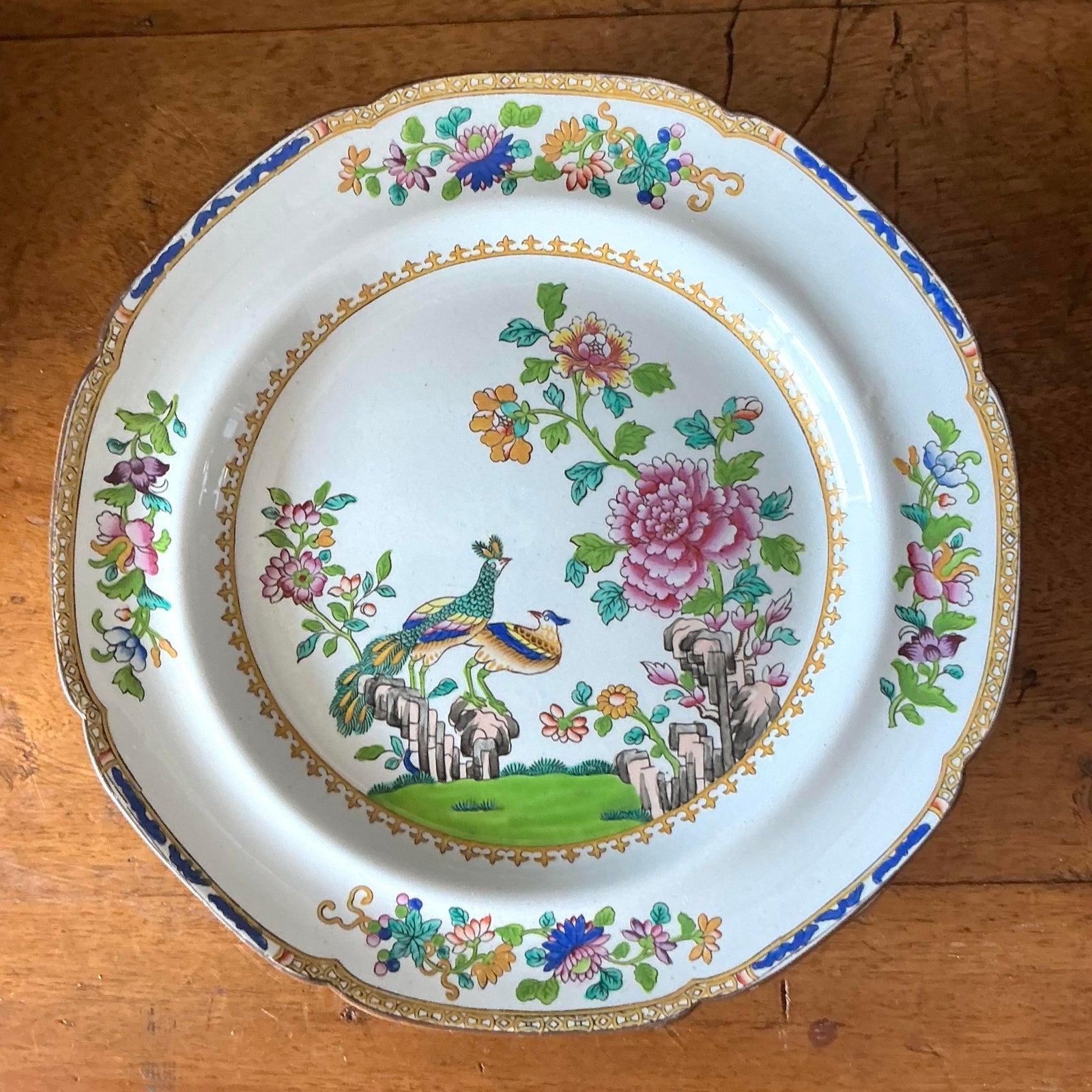 19th Century Vintage Boho Spode “Peacock” Dinner Plates - Set of 10 For Sale