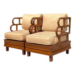 Vintage Boho Stacked Arch Teak Lounge Chairs - a Pair