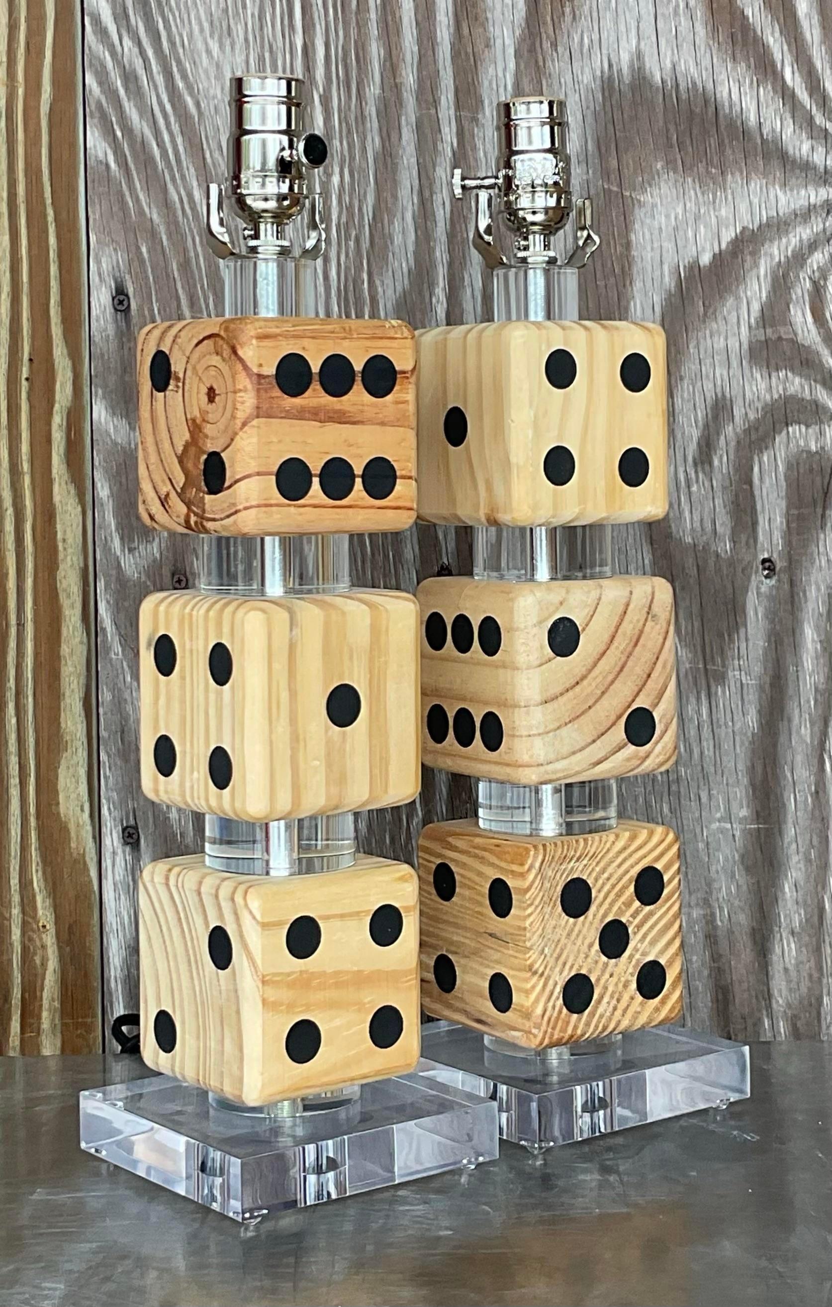 Vintage Boho Stacked Dice Lamps - a Pair In Good Condition In West Palm Beach, FL