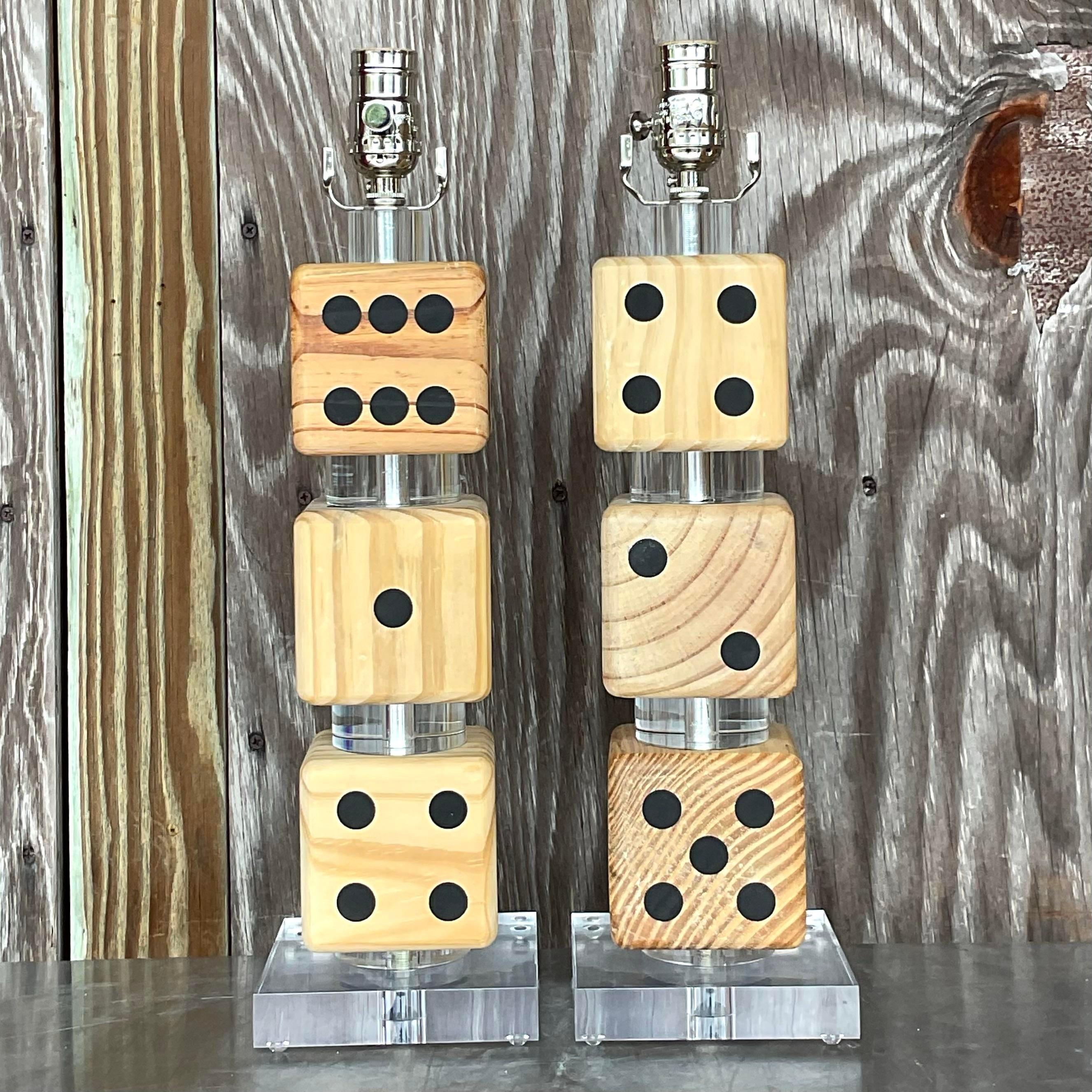 Contemporary Vintage Boho Stacked Dice Lamps - a Pair