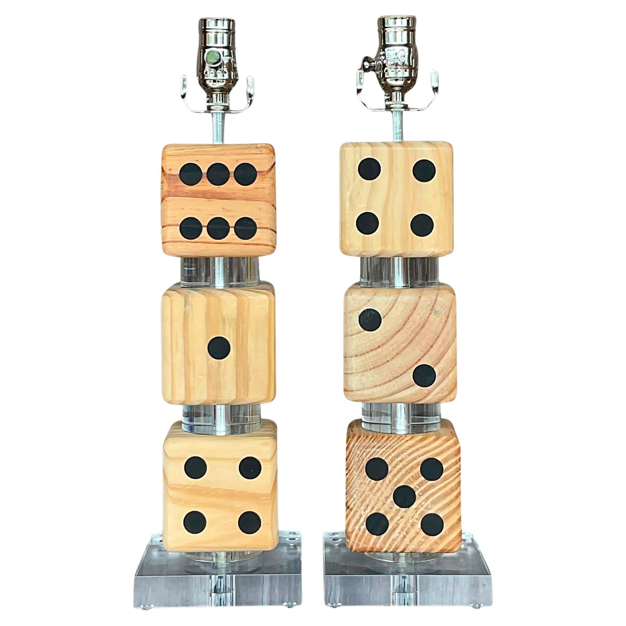 Vintage Boho Stacked Dice Lamps - a Pair