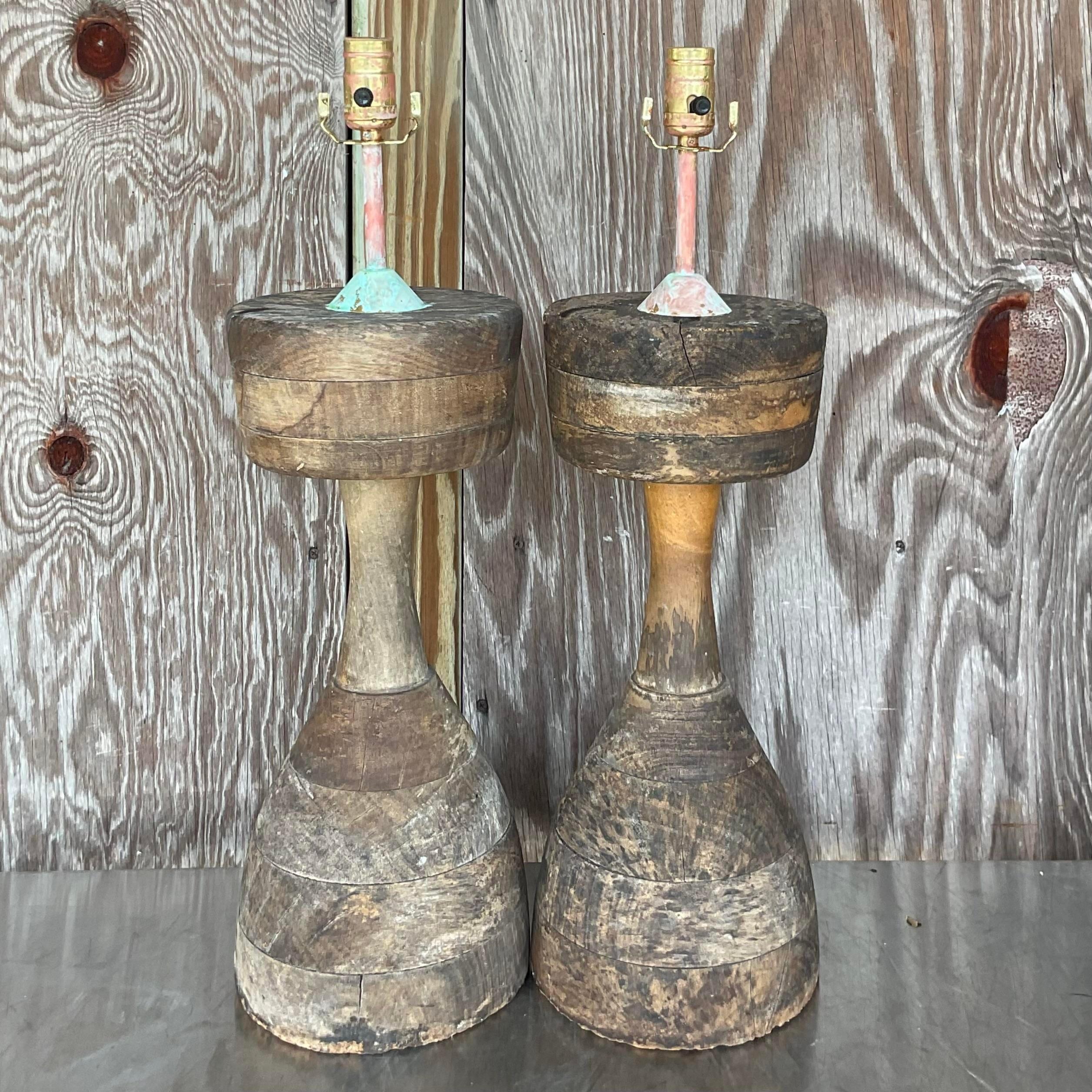 American Vintage Boho Stacked Distressed Wood Lamps - a Pair For Sale