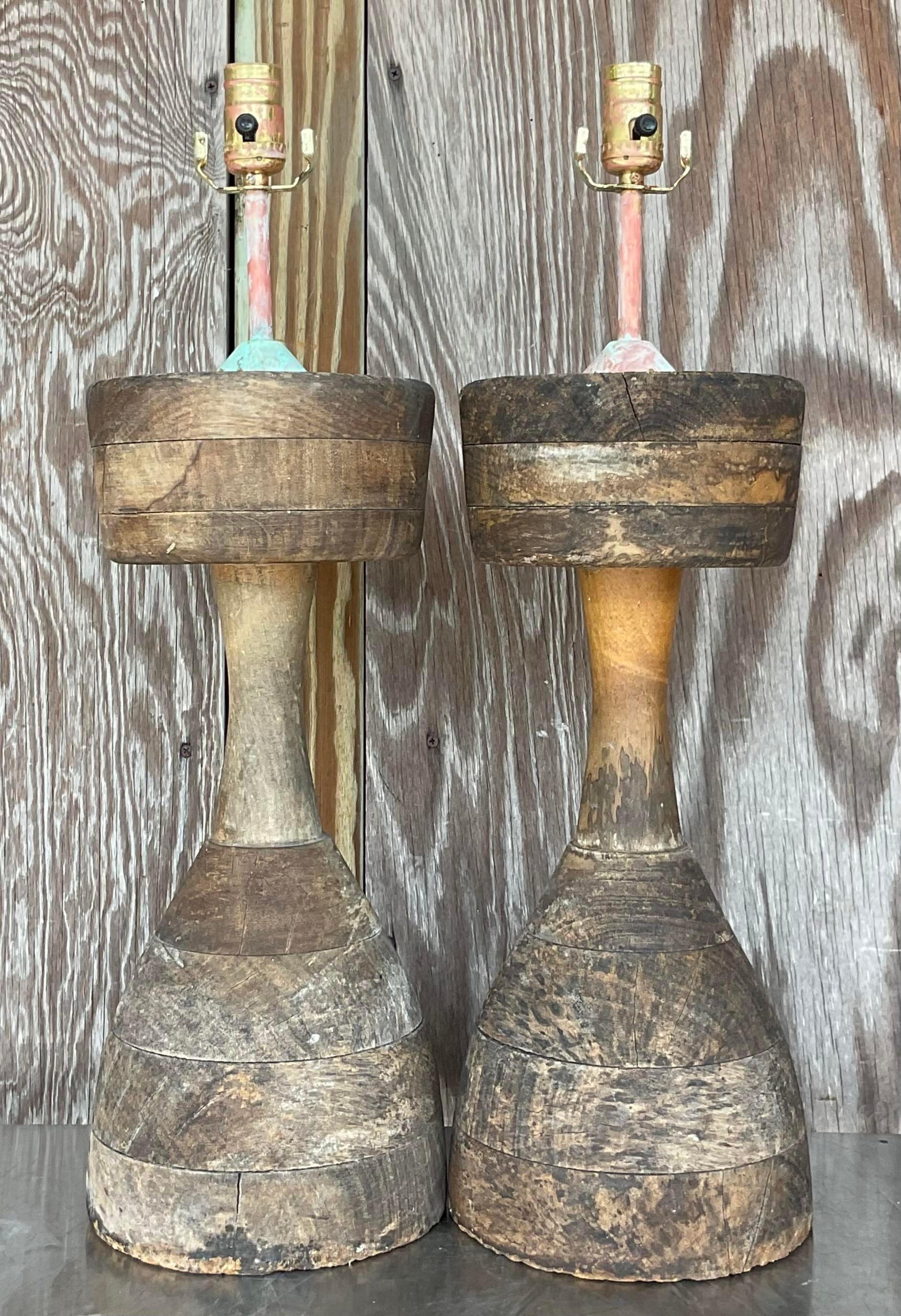 20th Century Vintage Boho Stacked Distressed Wood Lamps - a Pair For Sale