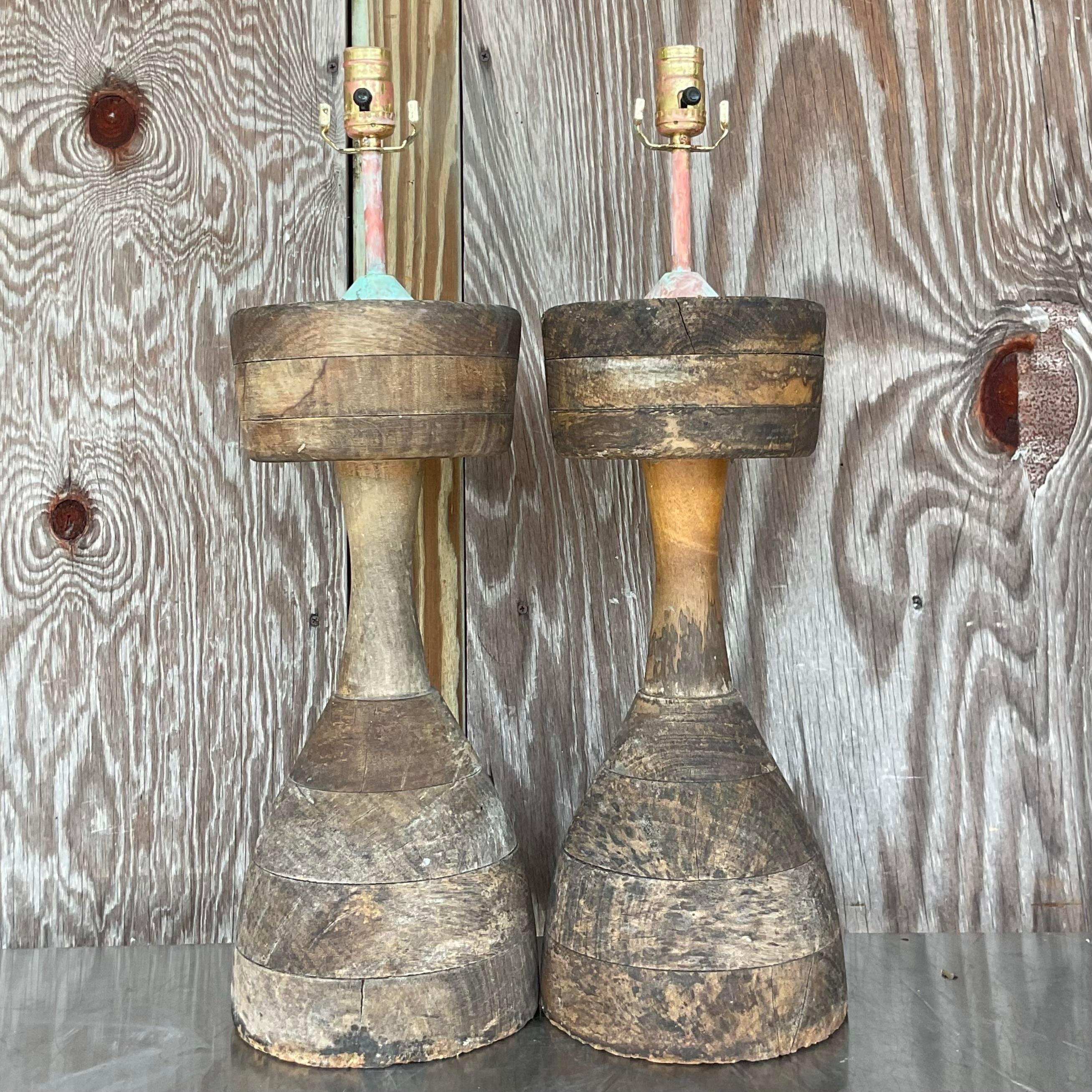 Metal Vintage Boho Stacked Distressed Wood Lamps - a Pair For Sale