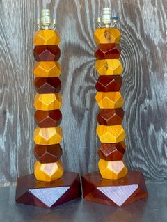 Vintage Boho Stacked Faceted Wood Block Lamps - a Pair