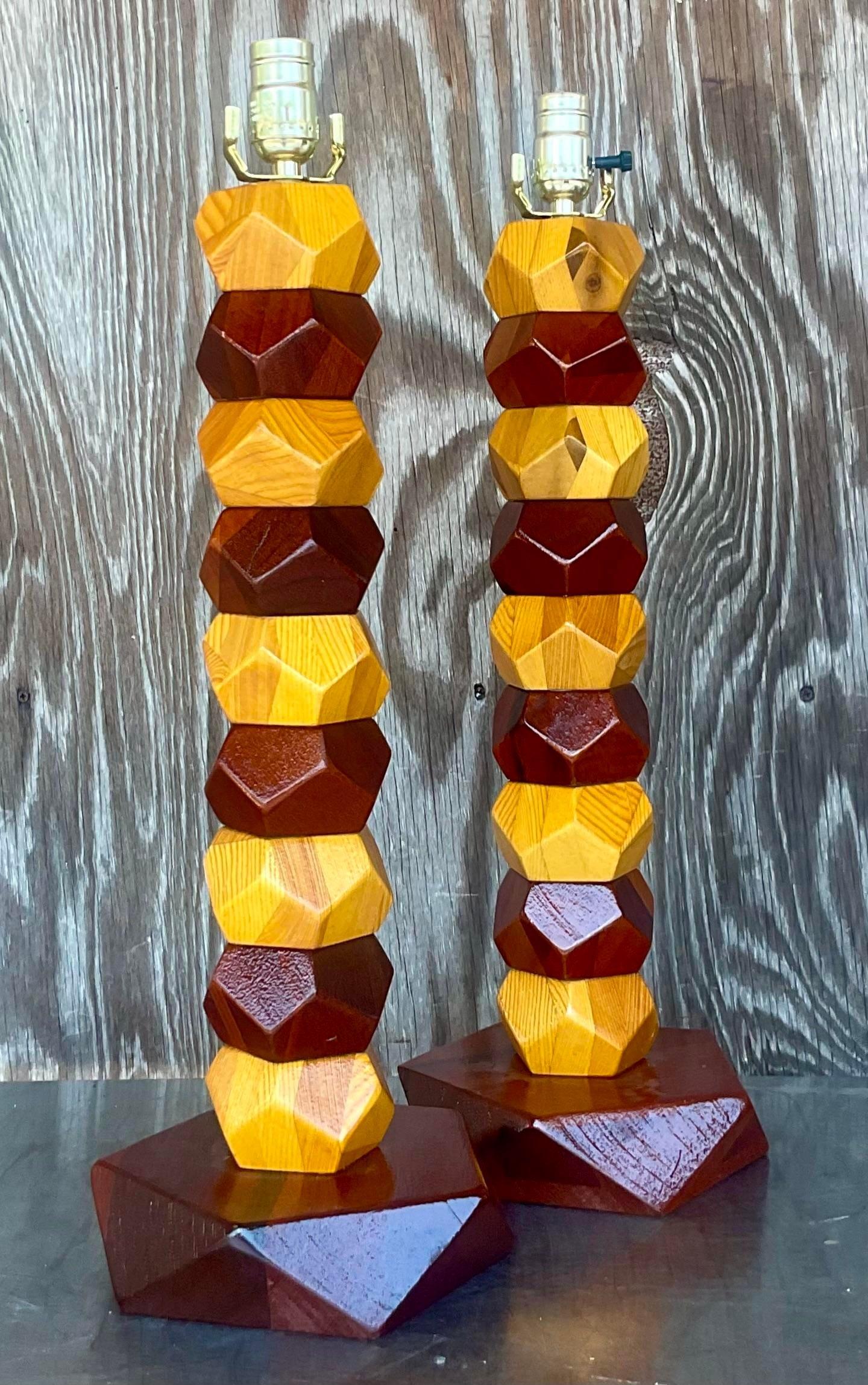 American Vintage Boho Stacked Faceted Wood Block Lamps - a Pair For Sale