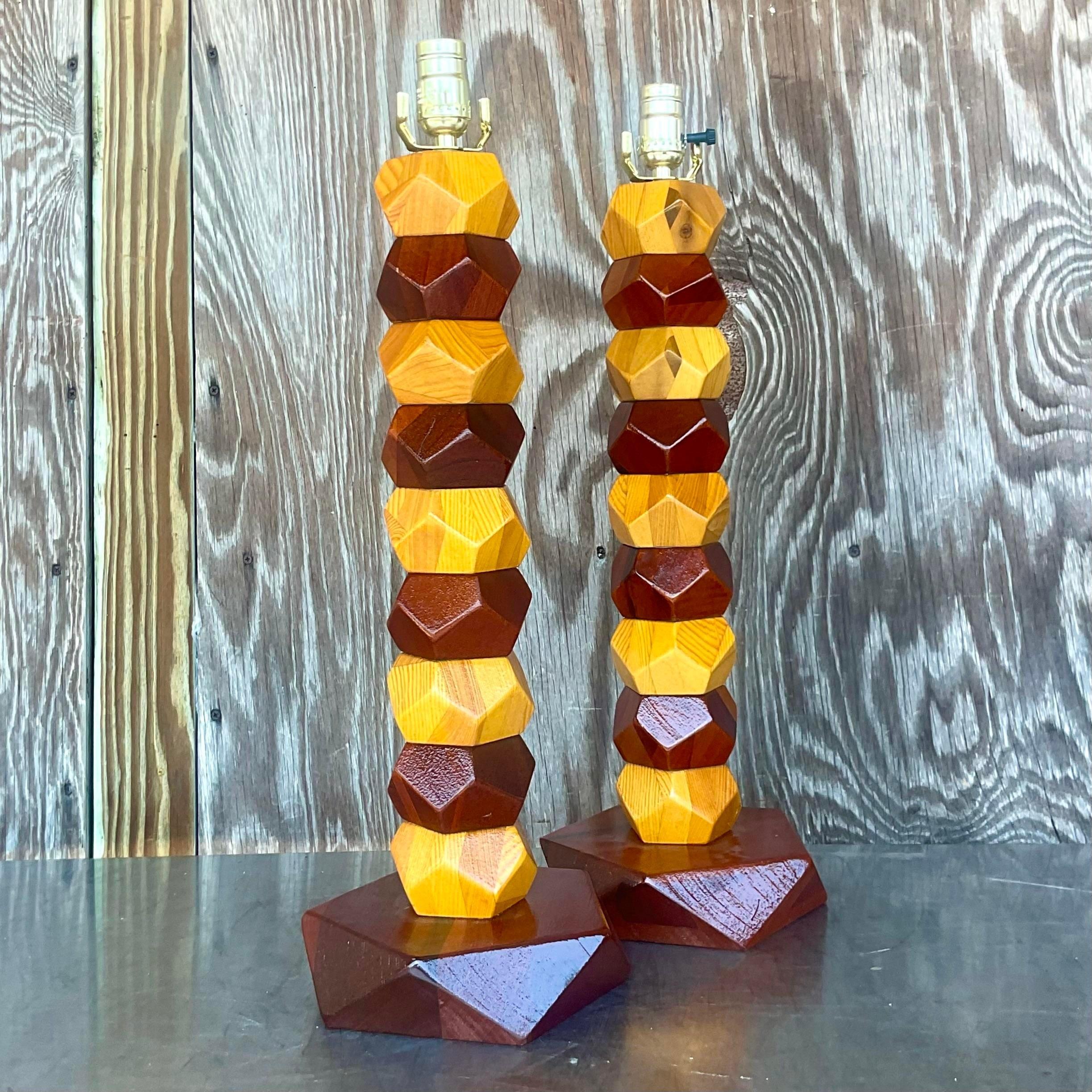 Vintage Boho Stacked Faceted Wood Block Lamps - a Pair In Good Condition For Sale In west palm beach, FL