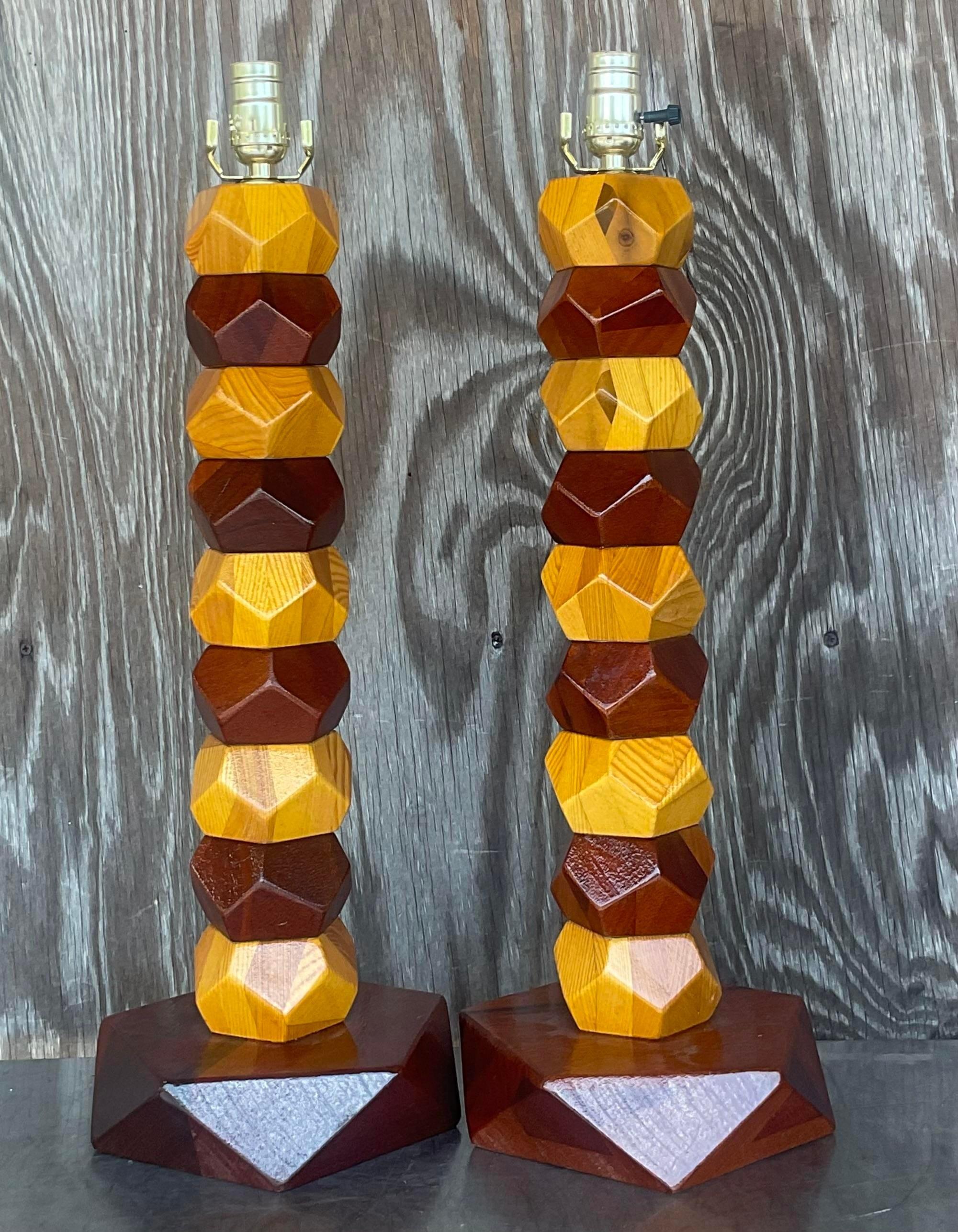 20th Century Vintage Boho Stacked Faceted Wood Block Lamps - a Pair For Sale