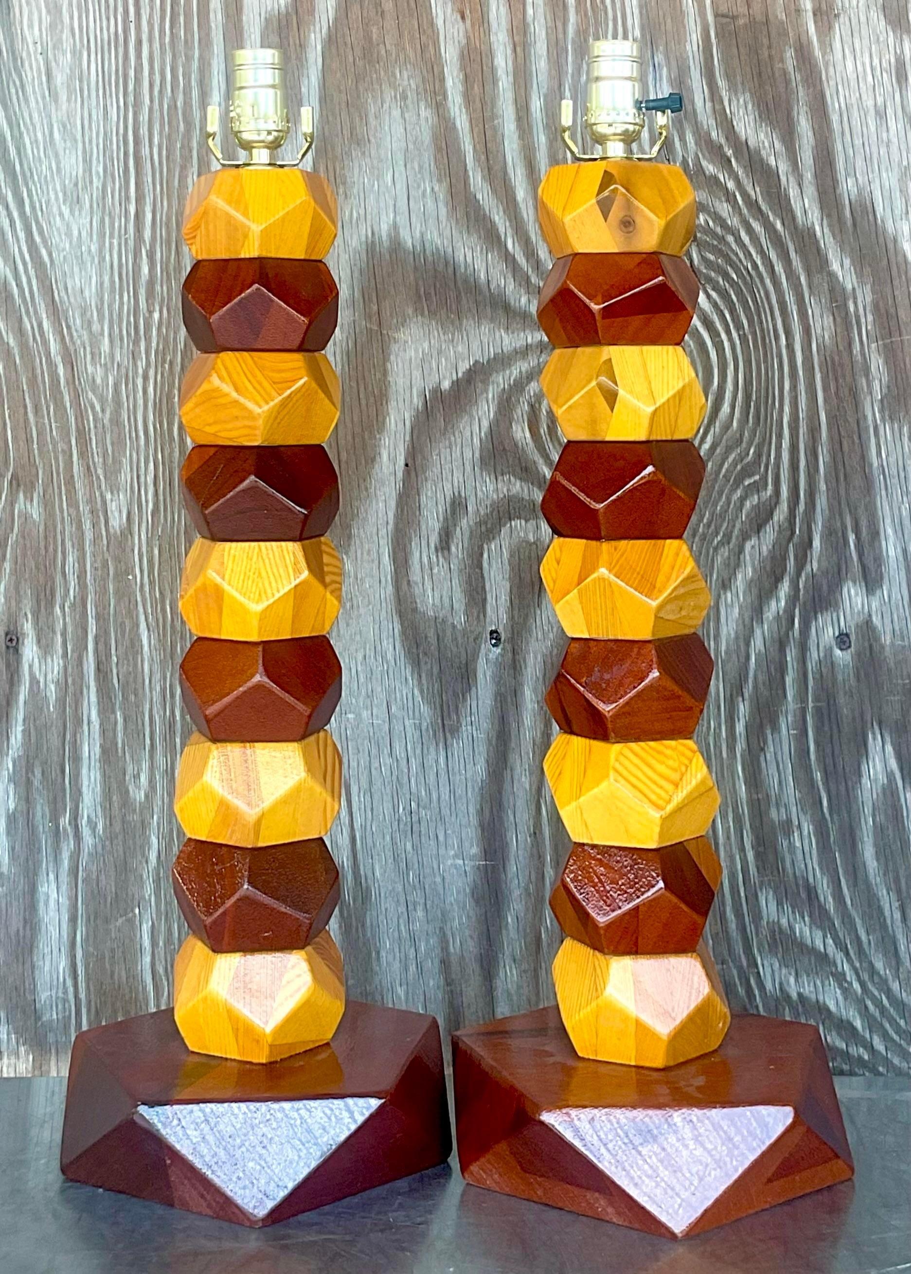 Vintage Boho Stacked Faceted Wood Block Lamps - a Pair For Sale 1