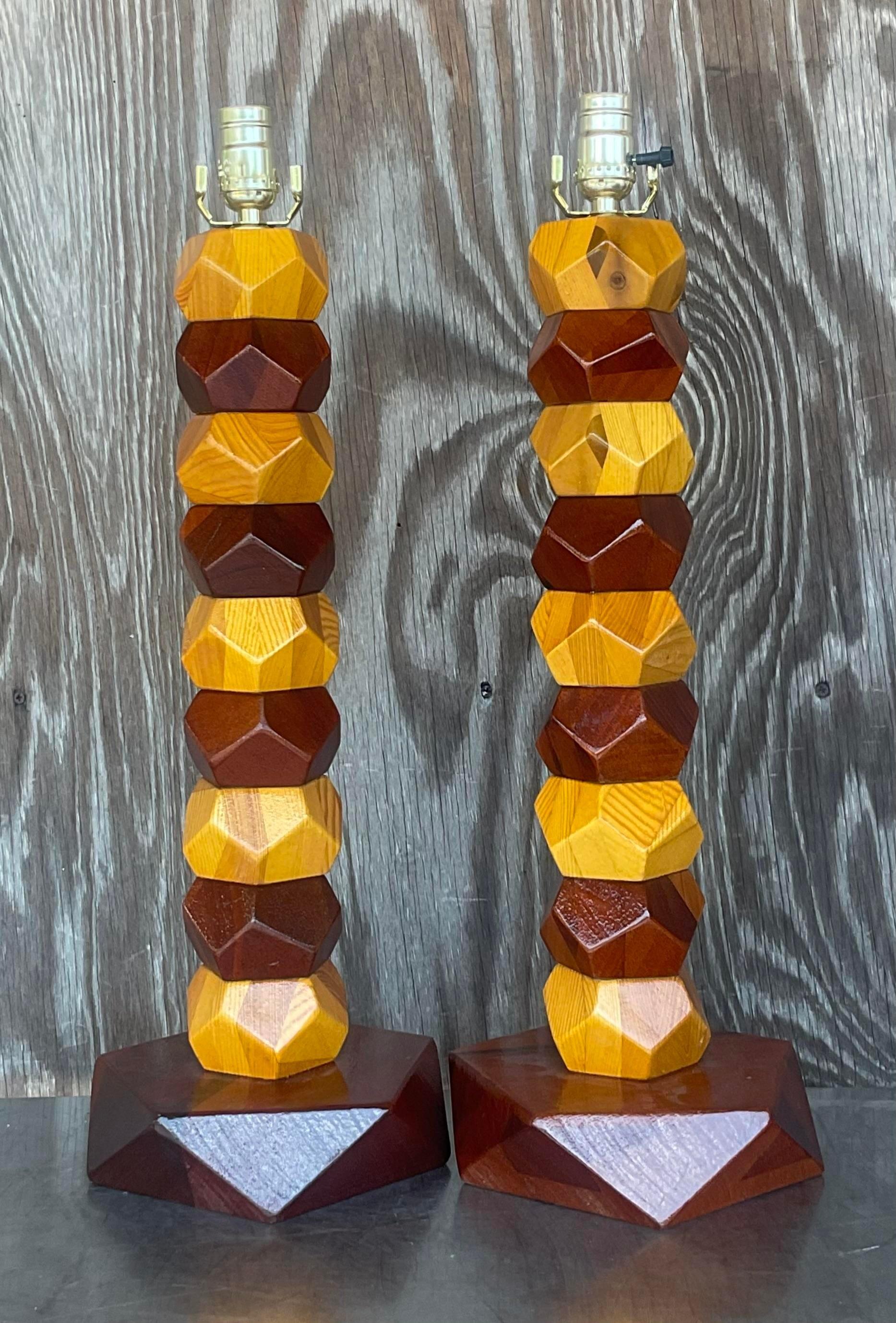 Vintage Boho Stacked Faceted Wood Block Lamps - a Pair For Sale 2