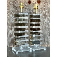Vintage Boho Stacked Lucite Skyscraper Lamps - a Pair