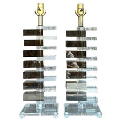 Vintage Boho Stacked Lucite Skyscraper Lamps - a Pair