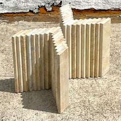 Vintage Boho Stacked Marble Coffee Table Pedestals, a Pair