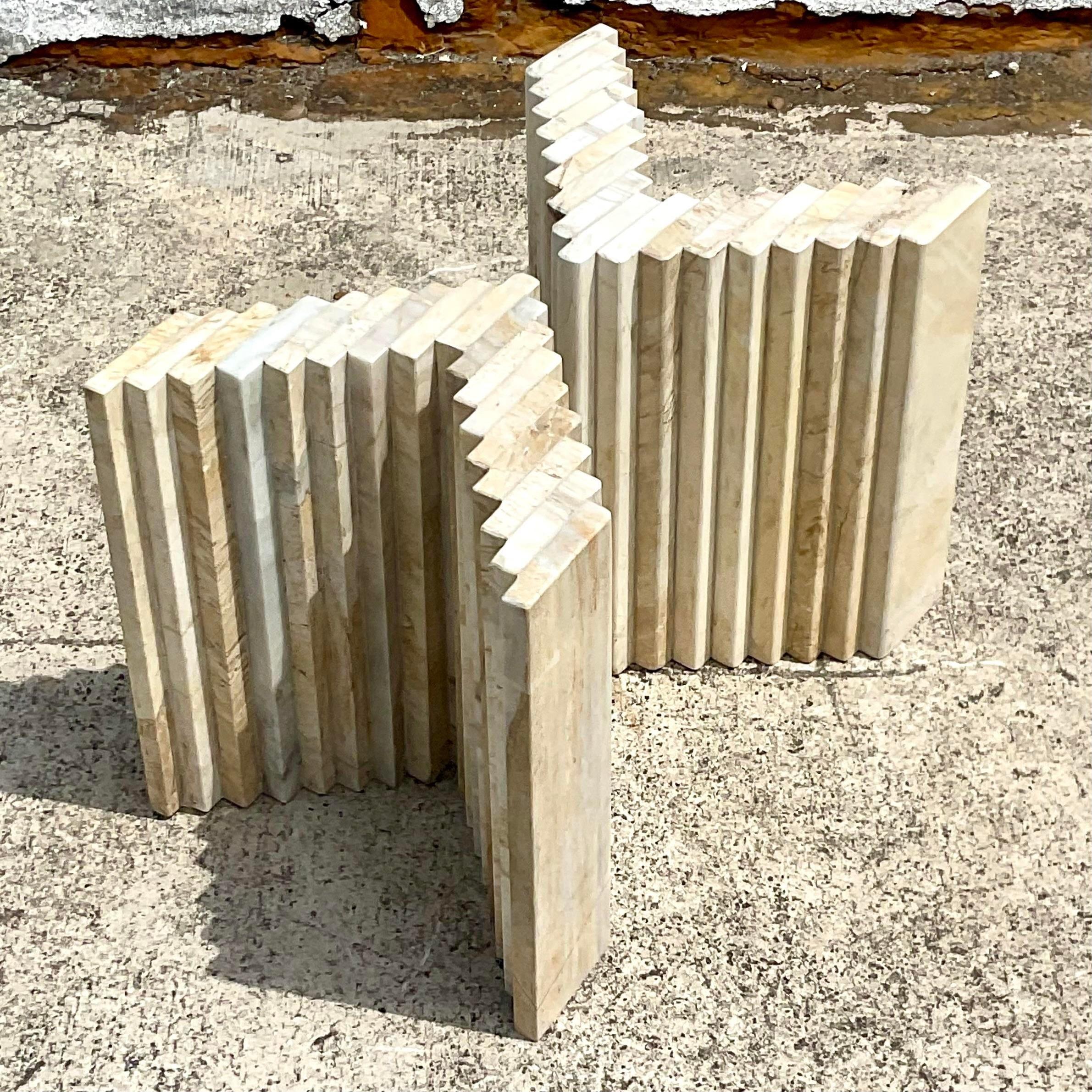 Vintage Boho Stacked Marble Coffee Table Pedestals, a Pair In Good Condition In west palm beach, FL
